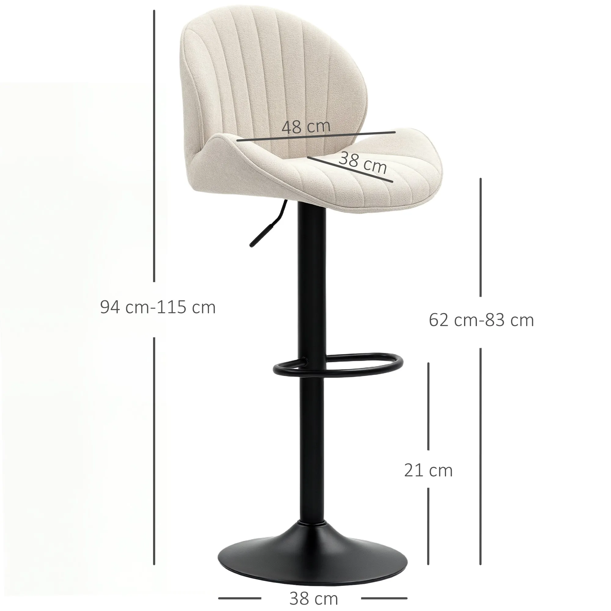 Set of 2 Shell Bar Stools with Footrest, Chenille Effect Fabric, 48x50x94-115 cm, Black and Beige - Image 3