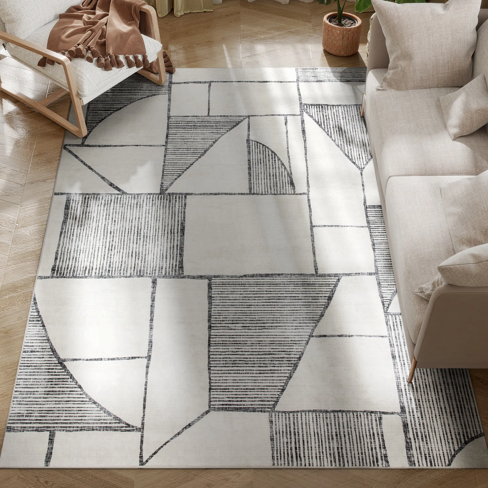 Modern Non-Slip Rug with Geometric Lines, in Multicolored Polyester, 230x160x0.7 cm - Image 2