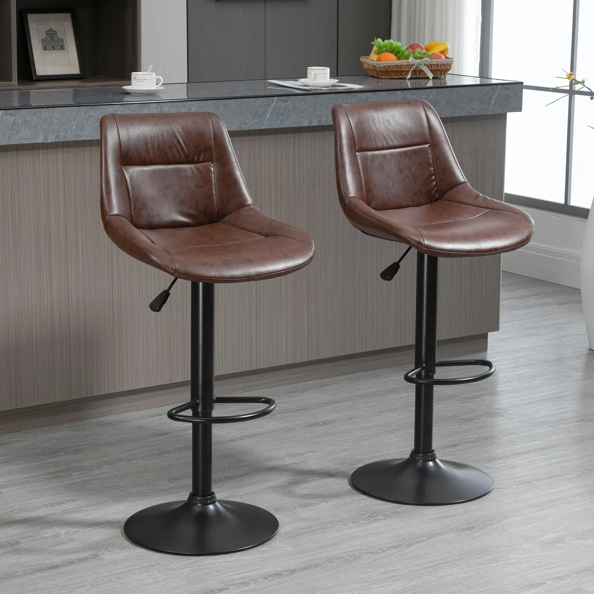 Set of 2 Vintage Brown Faux Leather Bar Stools with Footrest and Round Base, 46.5x50x88-108 cm - Image 2