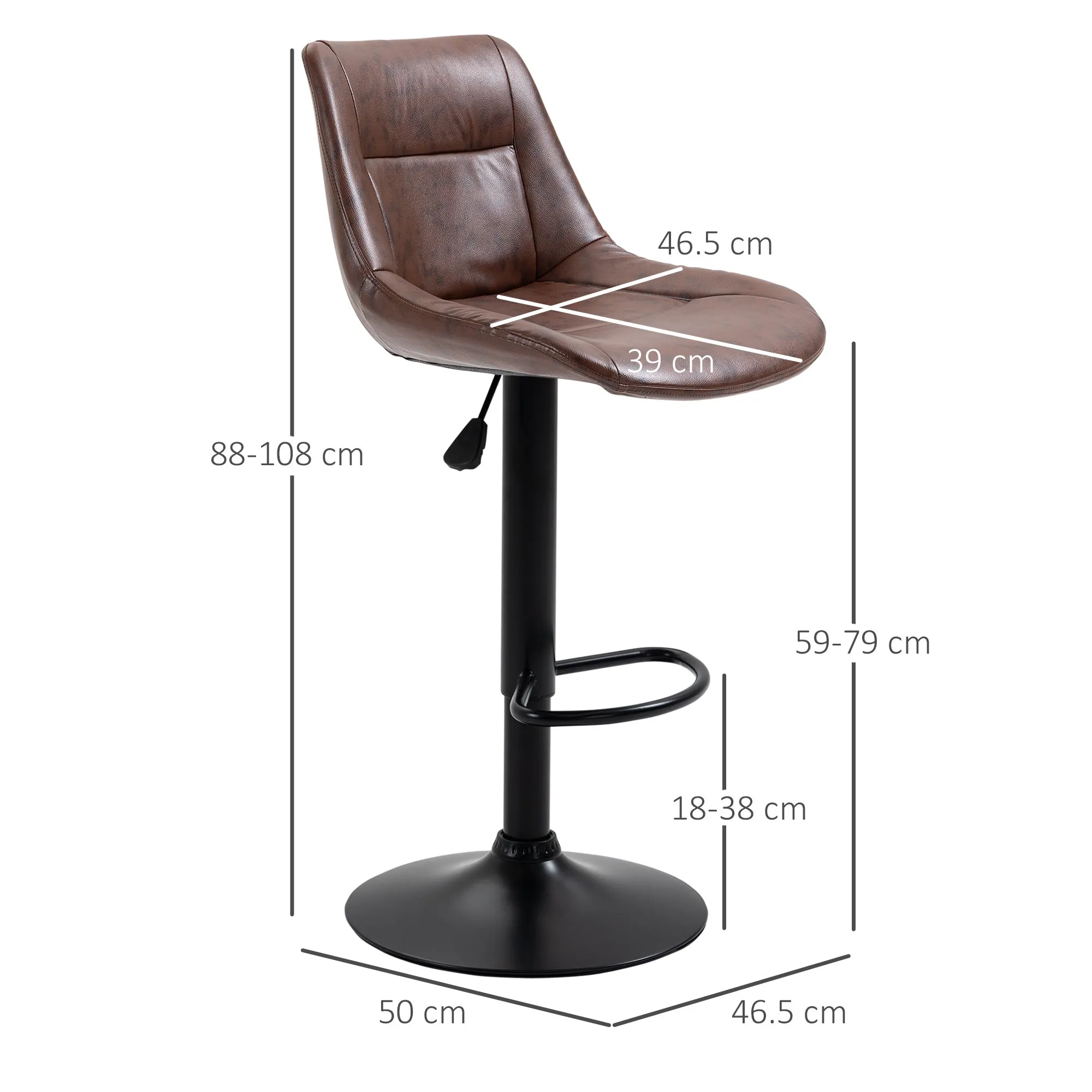 Set of 2 Vintage Brown Faux Leather Bar Stools with Footrest and Round Base, 46.5x50x88-108 cm - Image 3