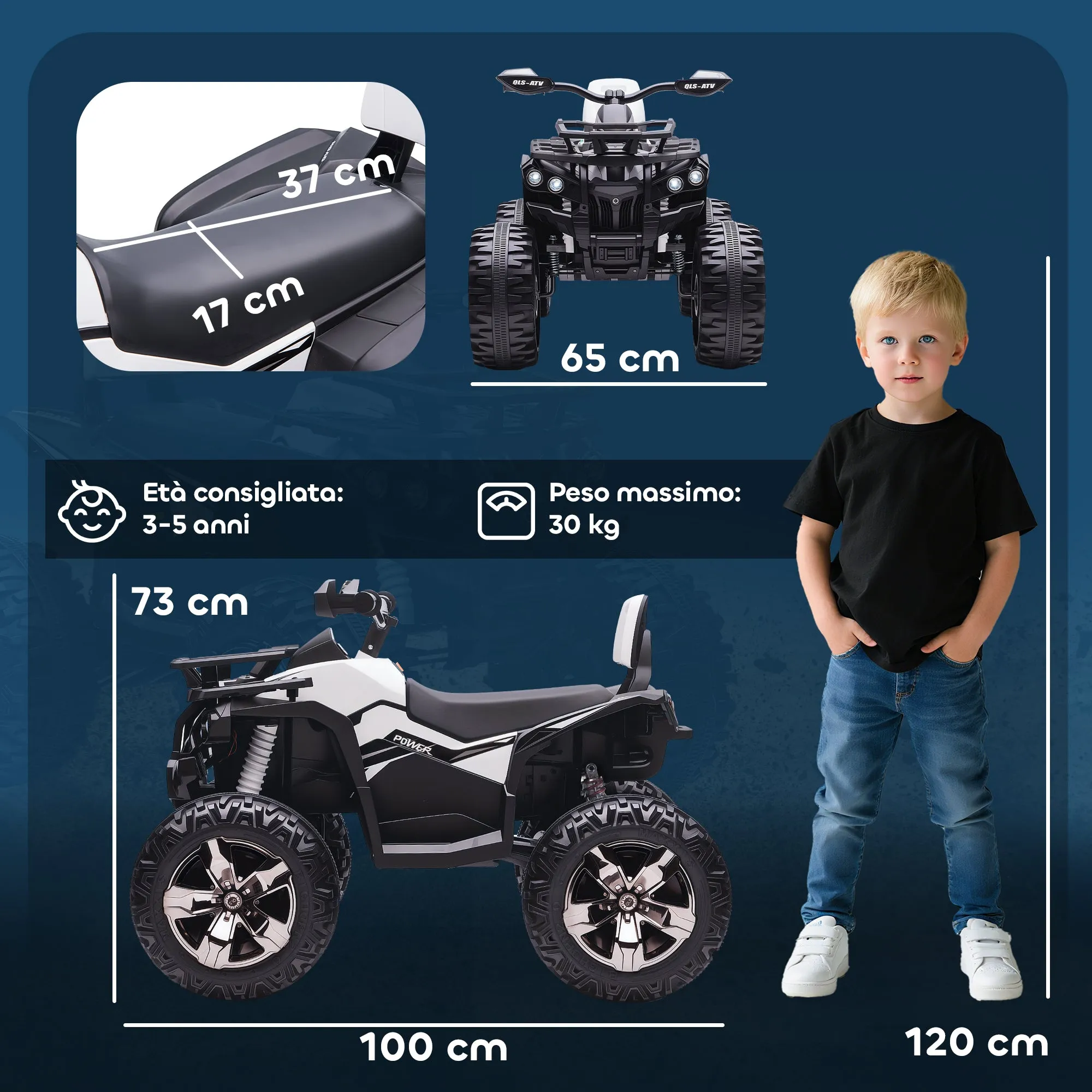 12V Electric Quad Bike for Children Ages 3-5 with Headlights and Pedal, USB Port for Music, White - Image 3