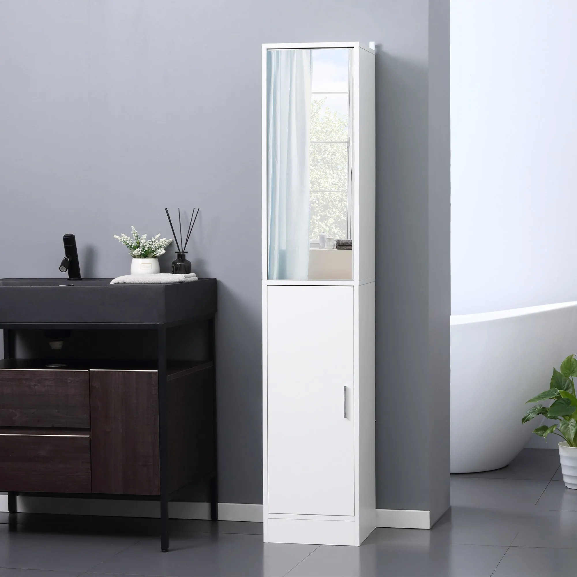 kleankin 5-Shelf Wooden Bathroom Cabinet with Opening Mirror Door, 32x28x162 cm, White - Image 2