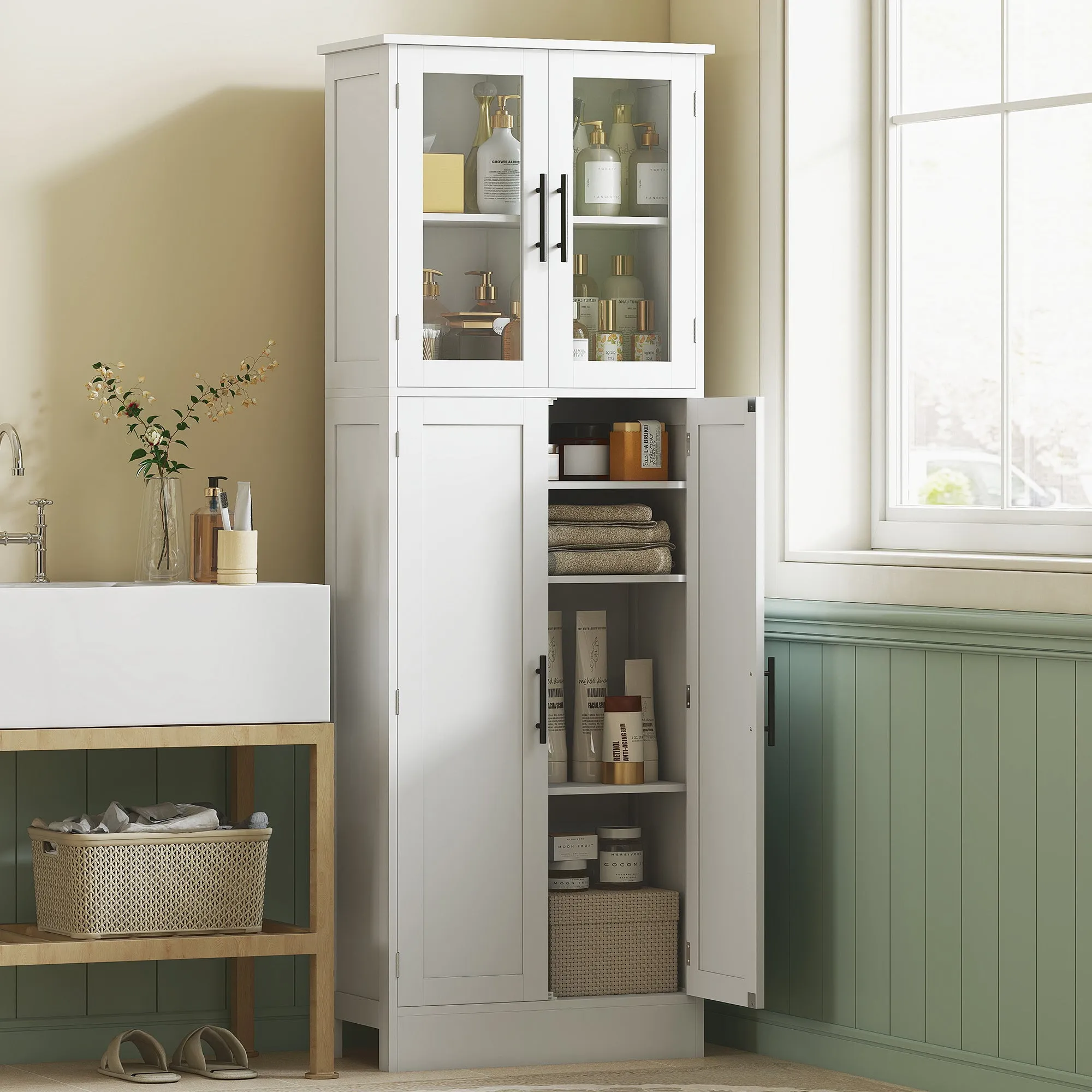 Tall Bathroom Cabinet with Adjustable Shelves, Glass and Wood Doors, 60x30x170 cm, White - Image 2