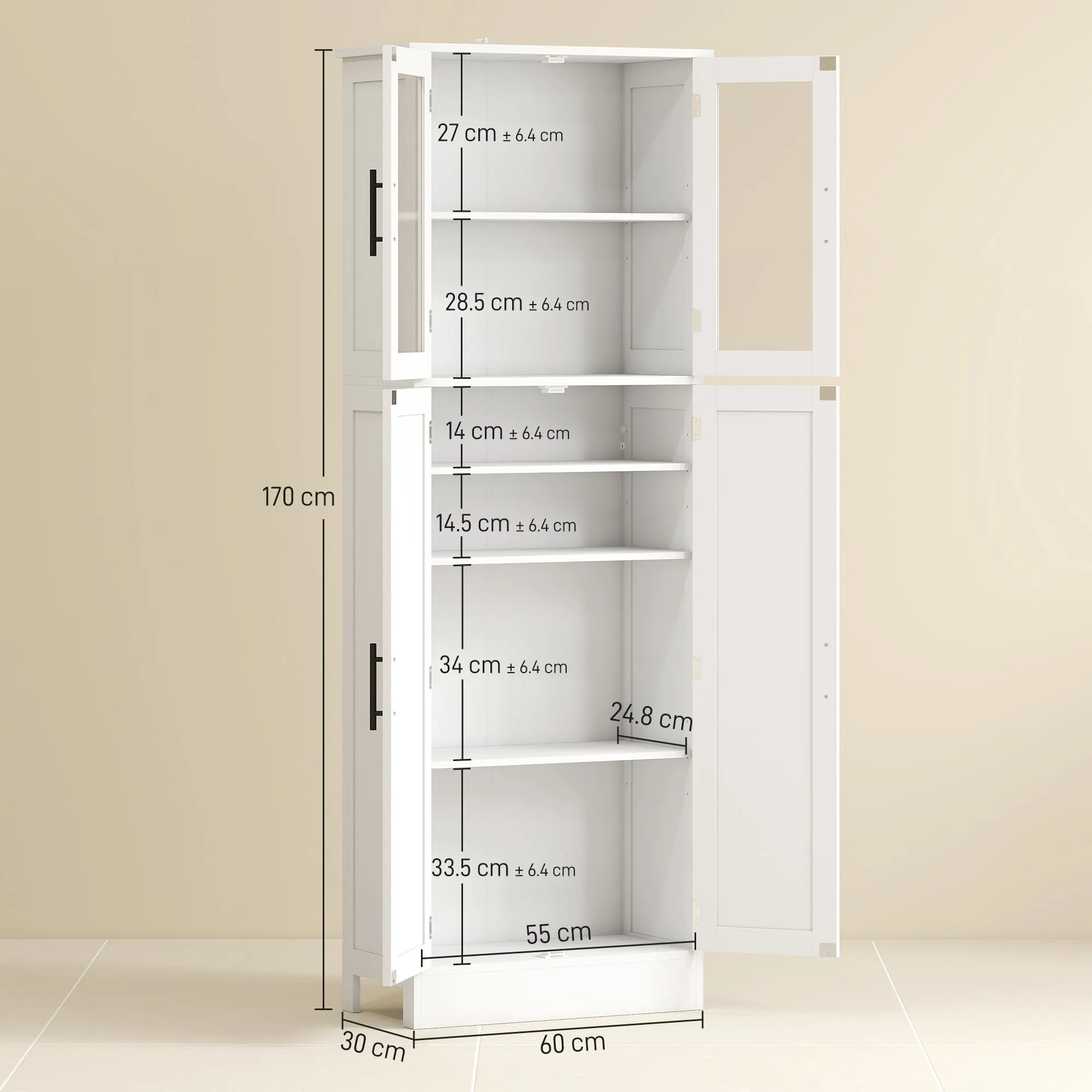 Tall Bathroom Cabinet with Adjustable Shelves, Glass and Wood Doors, 60x30x170 cm, White - Image 3