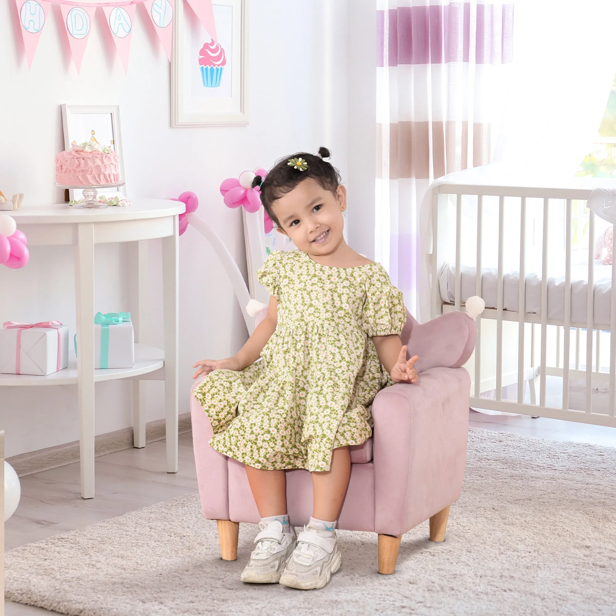Pink Velvet Fabric Children's Armchair with Crown Backrest, 50.2 x 41.9 x 57.8 cm - Image 2