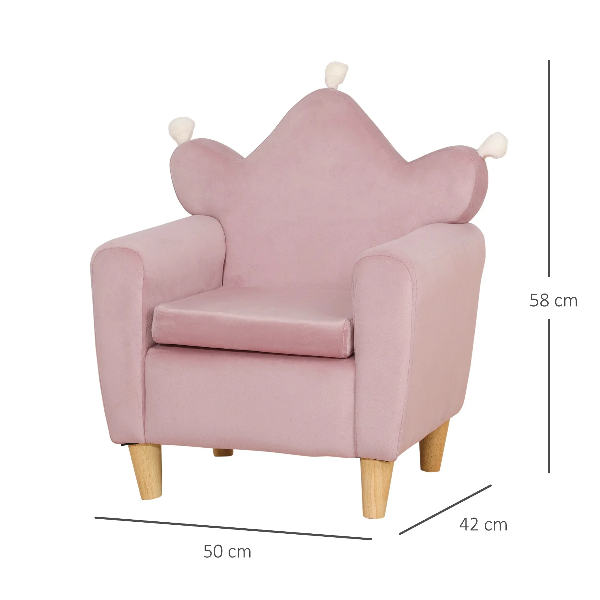 Pink Velvet Fabric Children's Armchair with Crown Backrest, 50.2 x 41.9 x 57.8 cm - Image 3