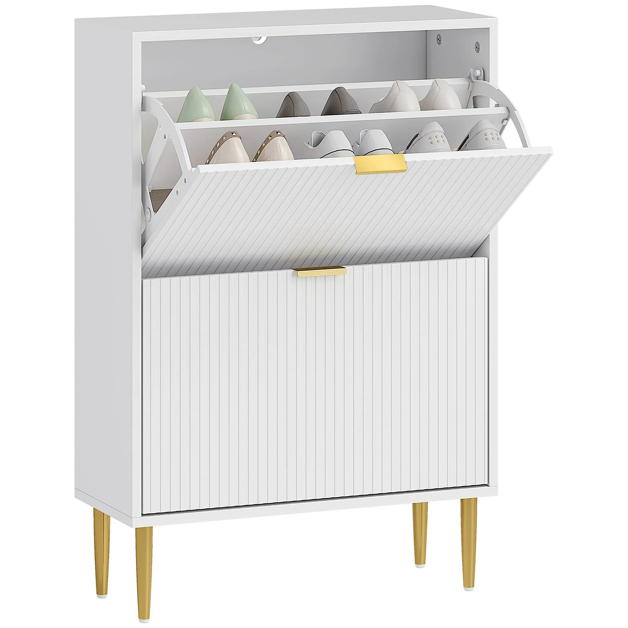 Slim Shoe Rack for 12 Pairs of Shoes with 2 Drop-Down Drawers and Adjustable Shelves, 60x24x91.5 cm, White