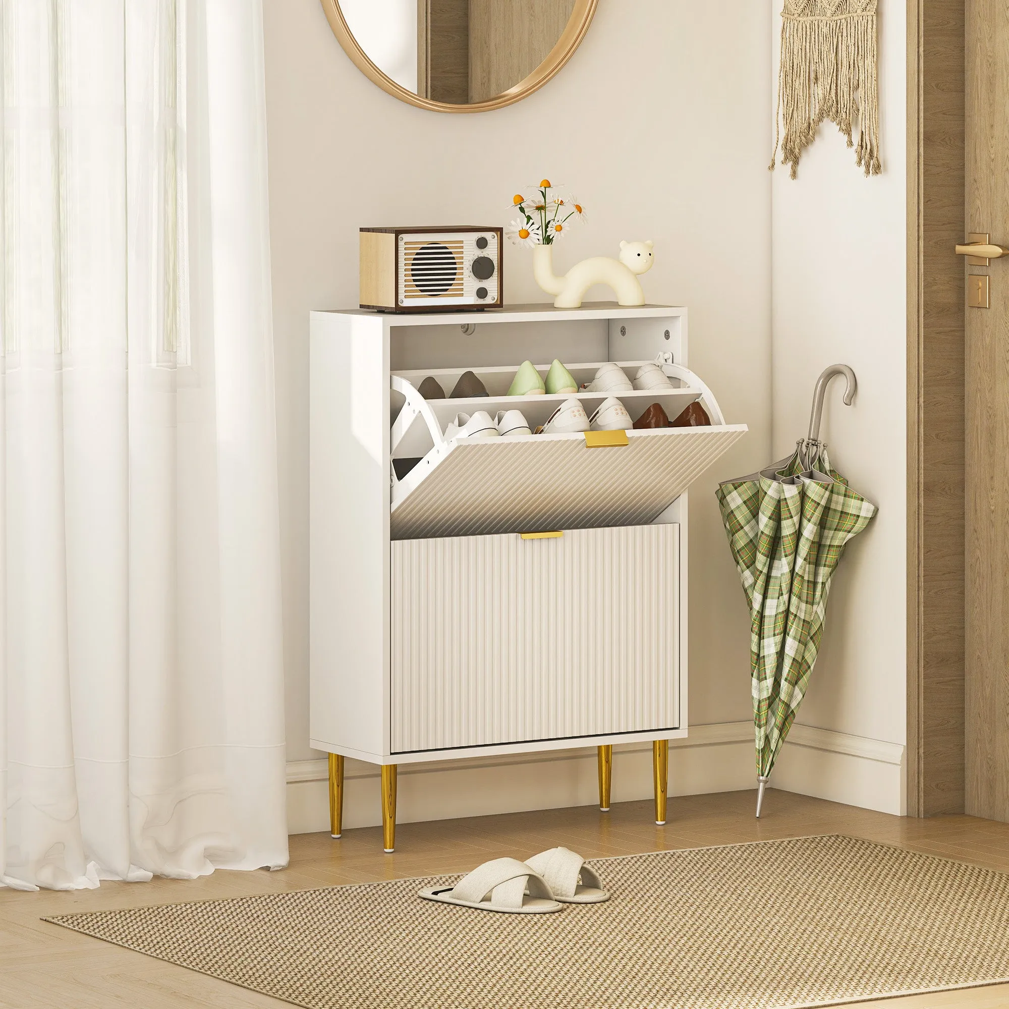 Slim Shoe Rack for 12 Pairs of Shoes with 2 Drop-Down Drawers and Adjustable Shelves, 60x24x91.5 cm, White - Image 2