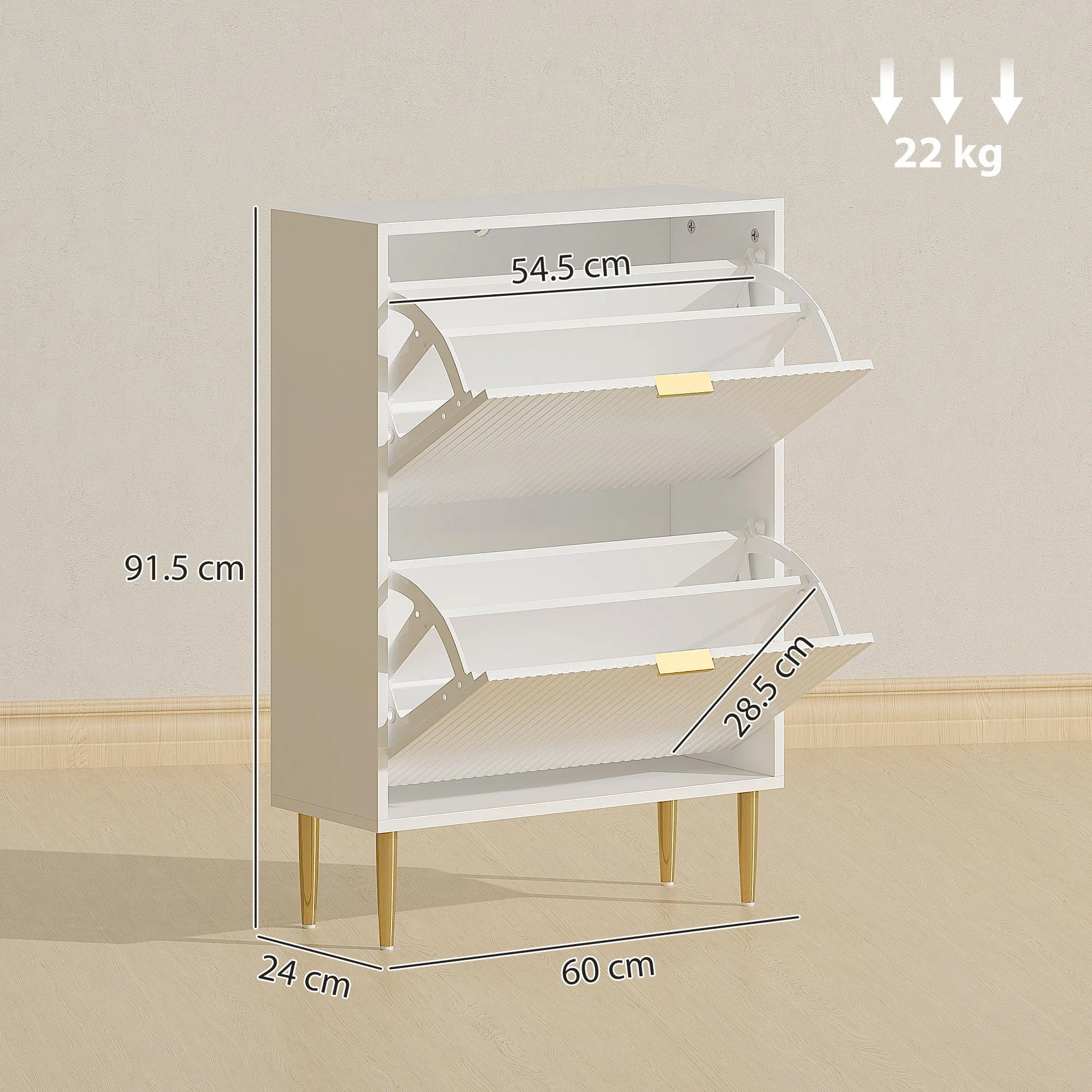 Slim Shoe Rack for 12 Pairs of Shoes with 2 Drop-Down Drawers and Adjustable Shelves, 60x24x91.5 cm, White - Image 3