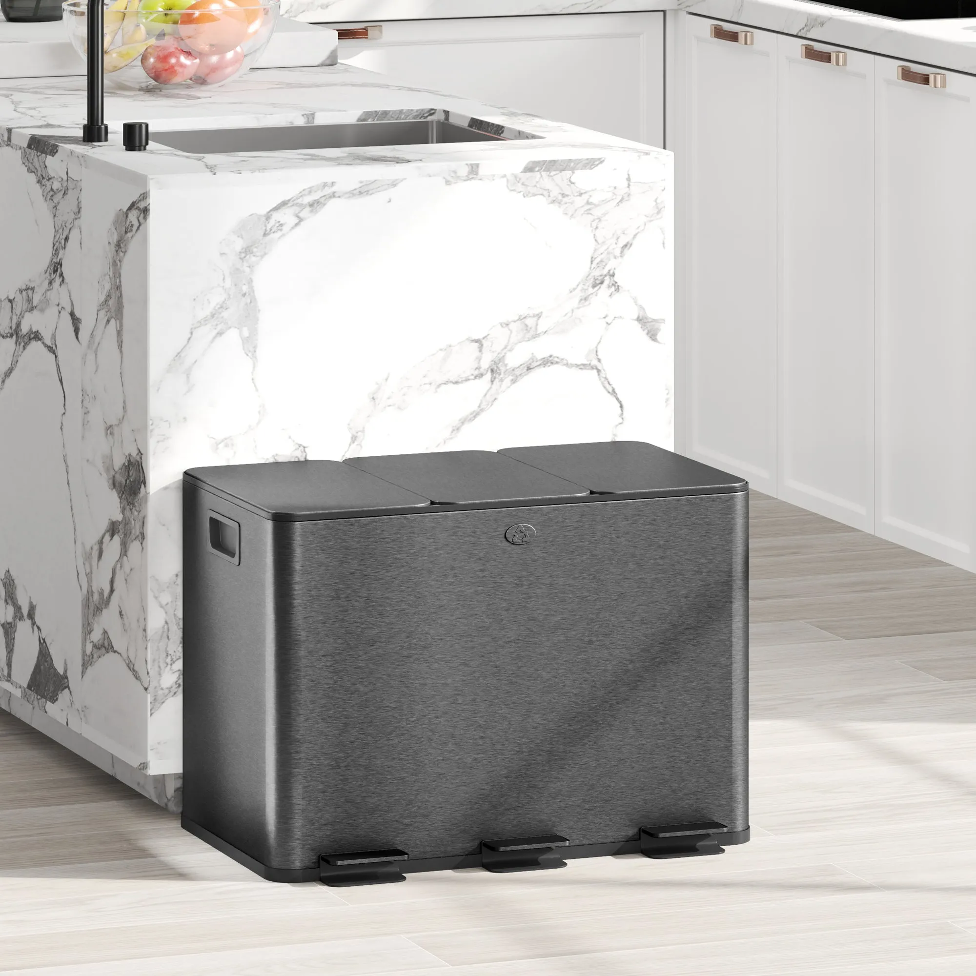 20L 3-Section Rubbish Bin with Silent Closure, Stainless Steel and PP, 61.9 x 36.6 x 56.7 cm, Black - Image 2