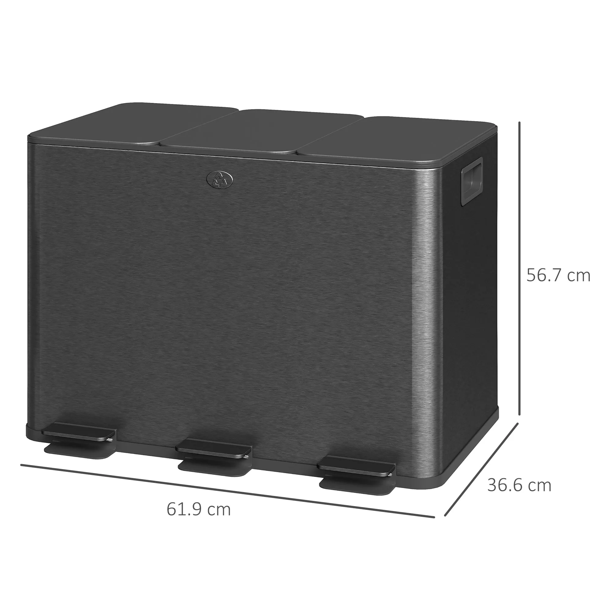 20L 3-Section Rubbish Bin with Silent Closure, Stainless Steel and PP, 61.9 x 36.6 x 56.7 cm, Black - Image 3