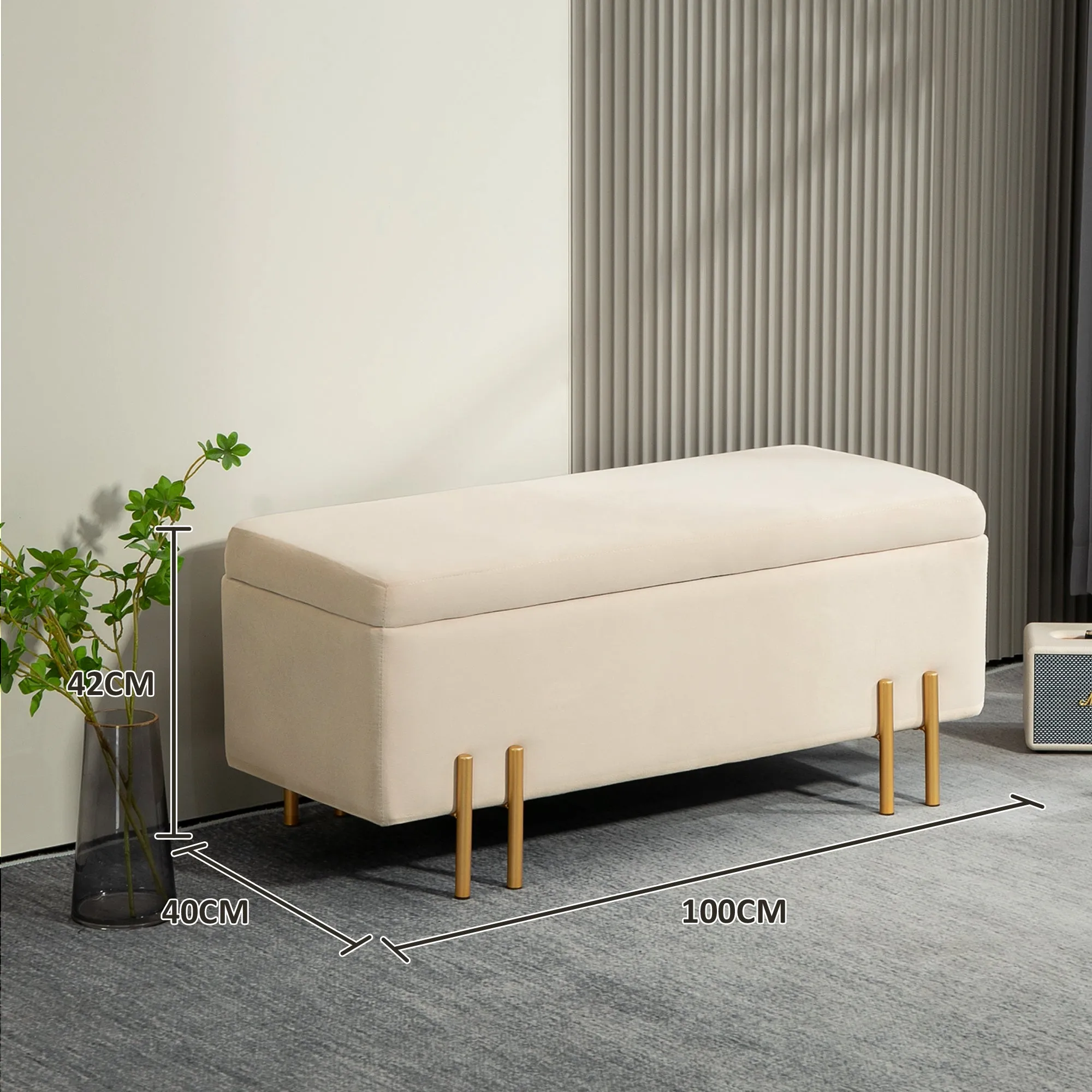 Modern Bedside Bench with Internal Storage Space, Beige Polyester, 100x40x42 cm - Image 3