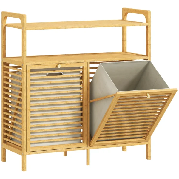 Bamboo and Polyester Laundry Hamper with 2 x 41L Baskets and 2 Shelves, 82 x 33 x 88 cm, Wood and Cream Color