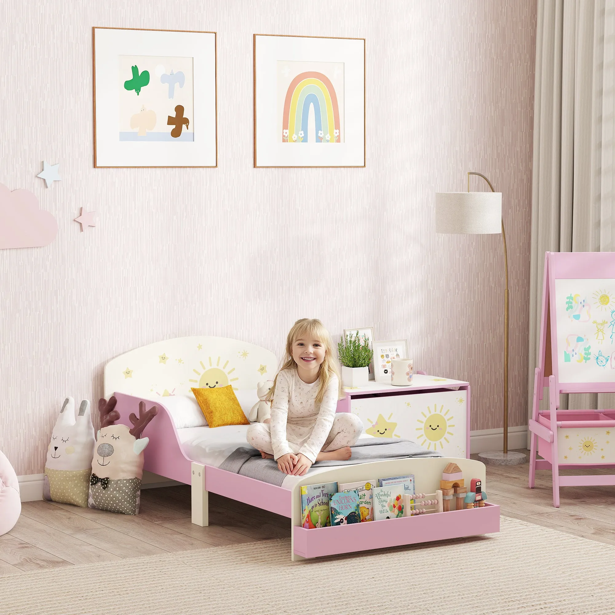 Children's Bed for 3-8 Years Old, Low, Wooden, with Storage Space and Side Rails, 150x77x60 cm, Pink - Image 2
