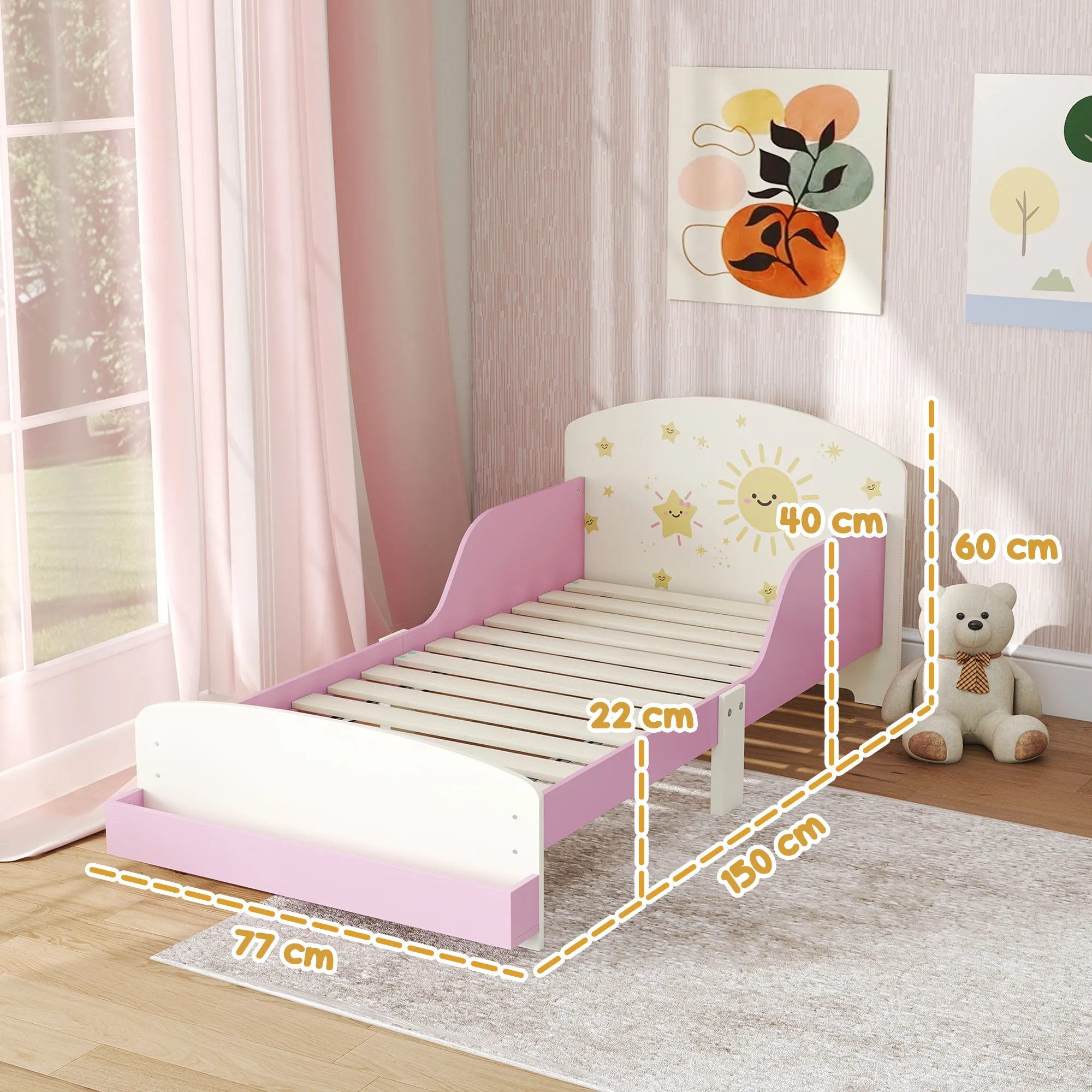 Children's Bed for 3-8 Years Old, Low, Wooden, with Storage Space and Side Rails, 150x77x60 cm, Pink - Image 3