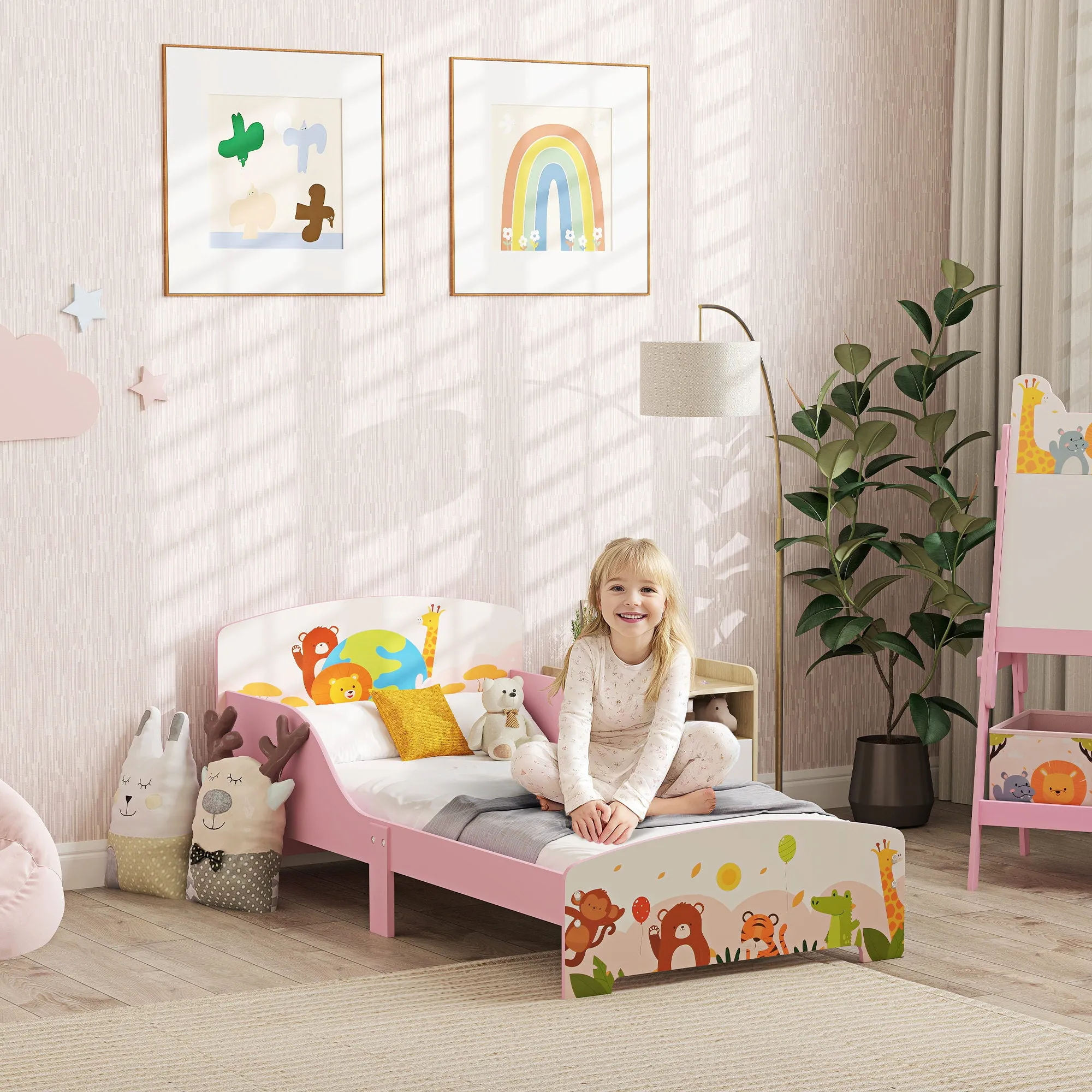 Wooden Cot for Children 3+ Years with Raised Edges and Safety Rails, 143x77x60 cm, Pink - Image 2