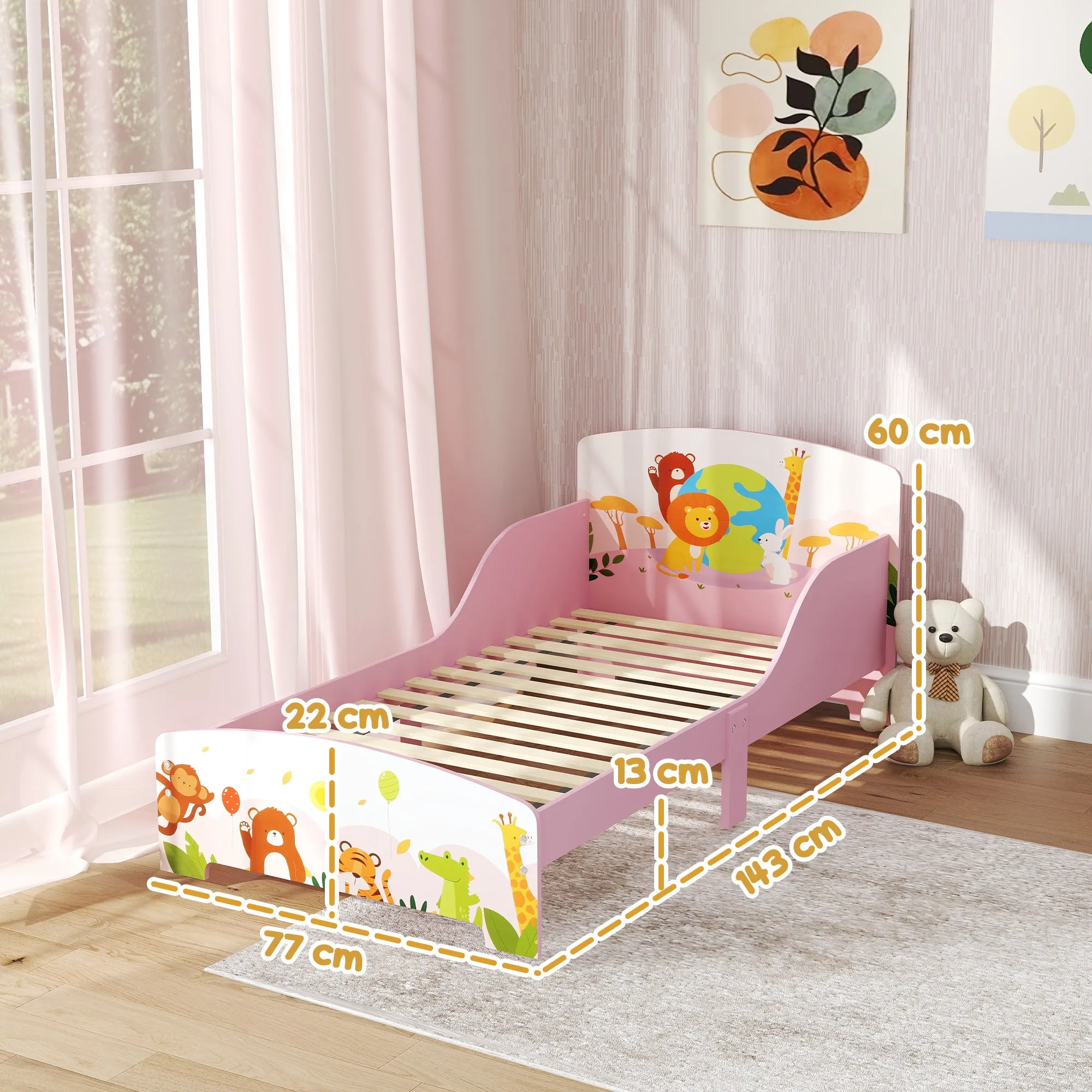 Wooden Cot for Children 3+ Years with Raised Edges and Safety Rails, 143x77x60 cm, Pink - Image 3