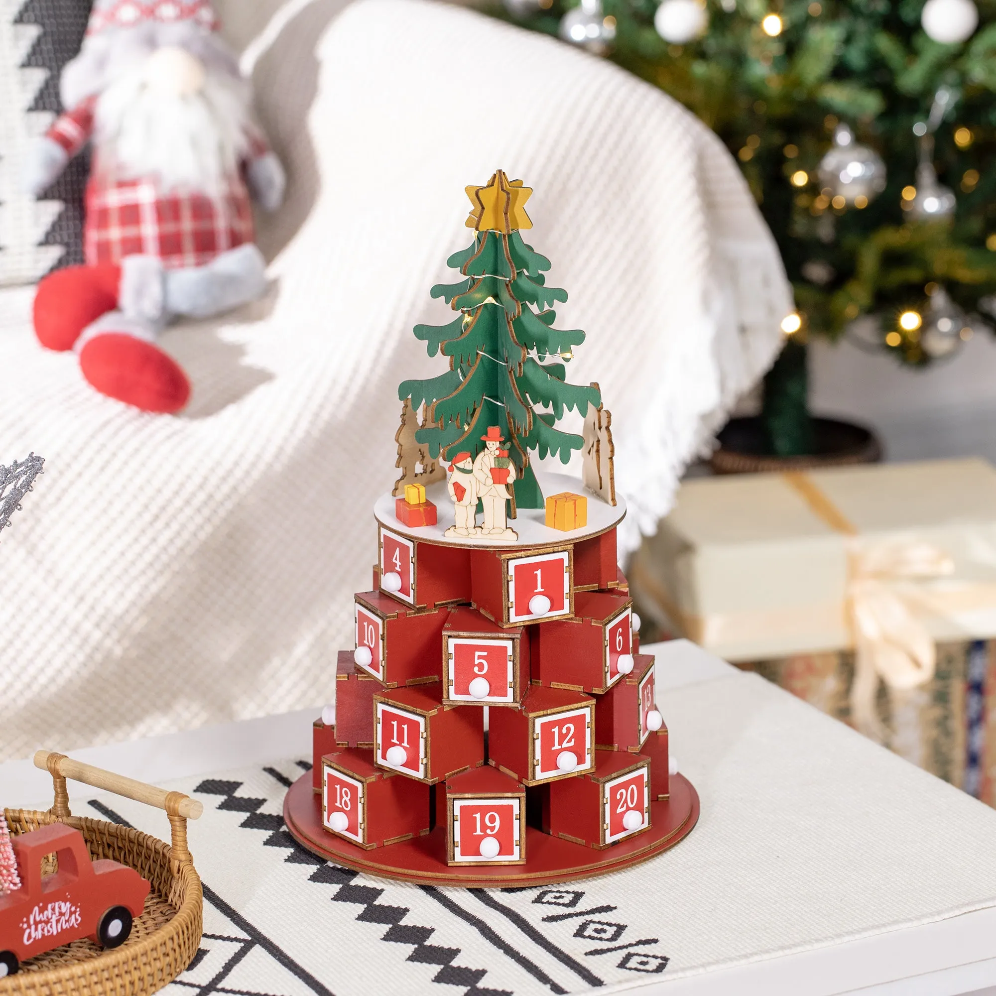 Christmas Cone Advent Calendar with Themed Patterns and 10 LED Lights, 22x22x35 cm, Plywood, Red, Green and Yellow - Image 2