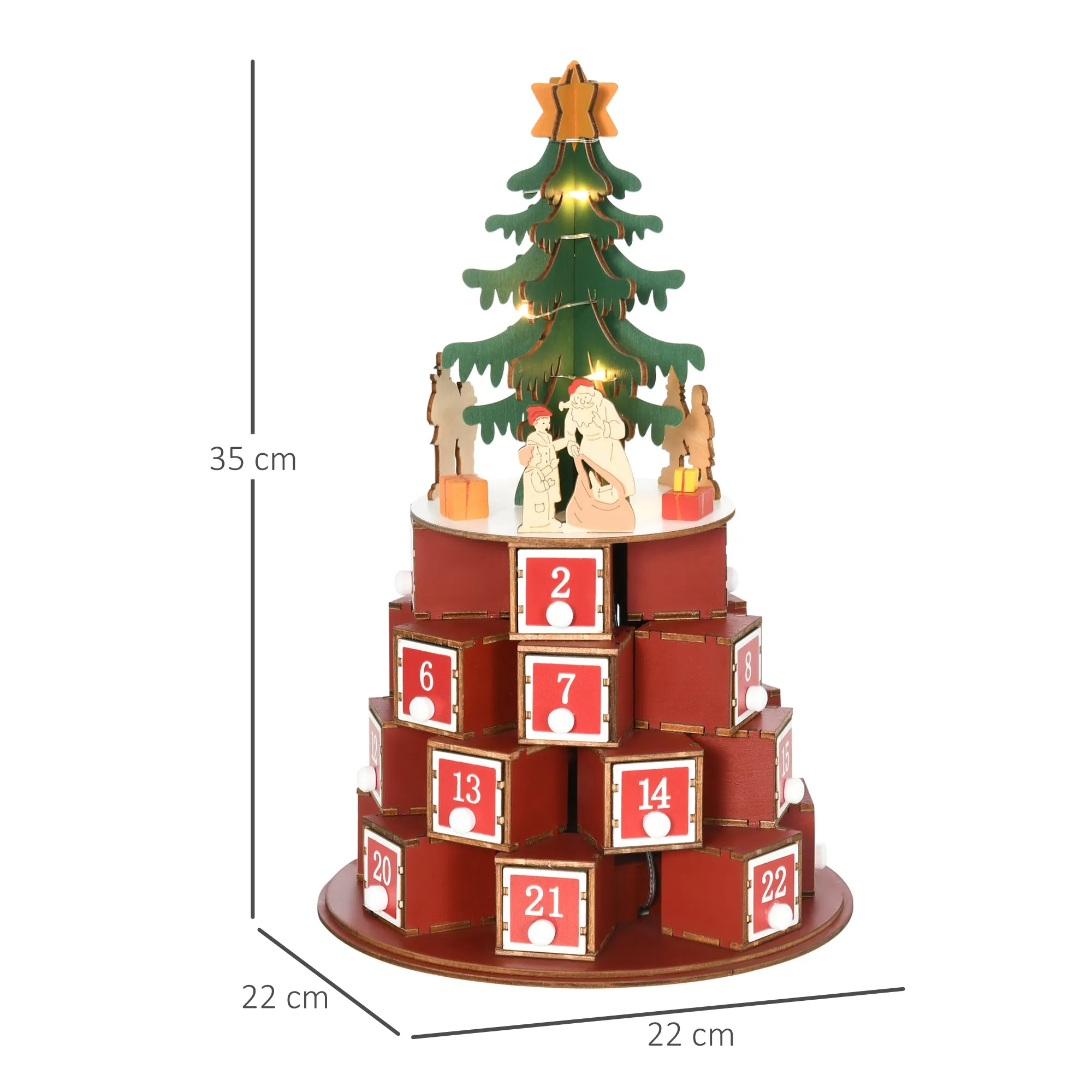 Christmas Cone Advent Calendar with Themed Patterns and 10 LED Lights, 22x22x35 cm, Plywood, Red, Green and Yellow - Image 3