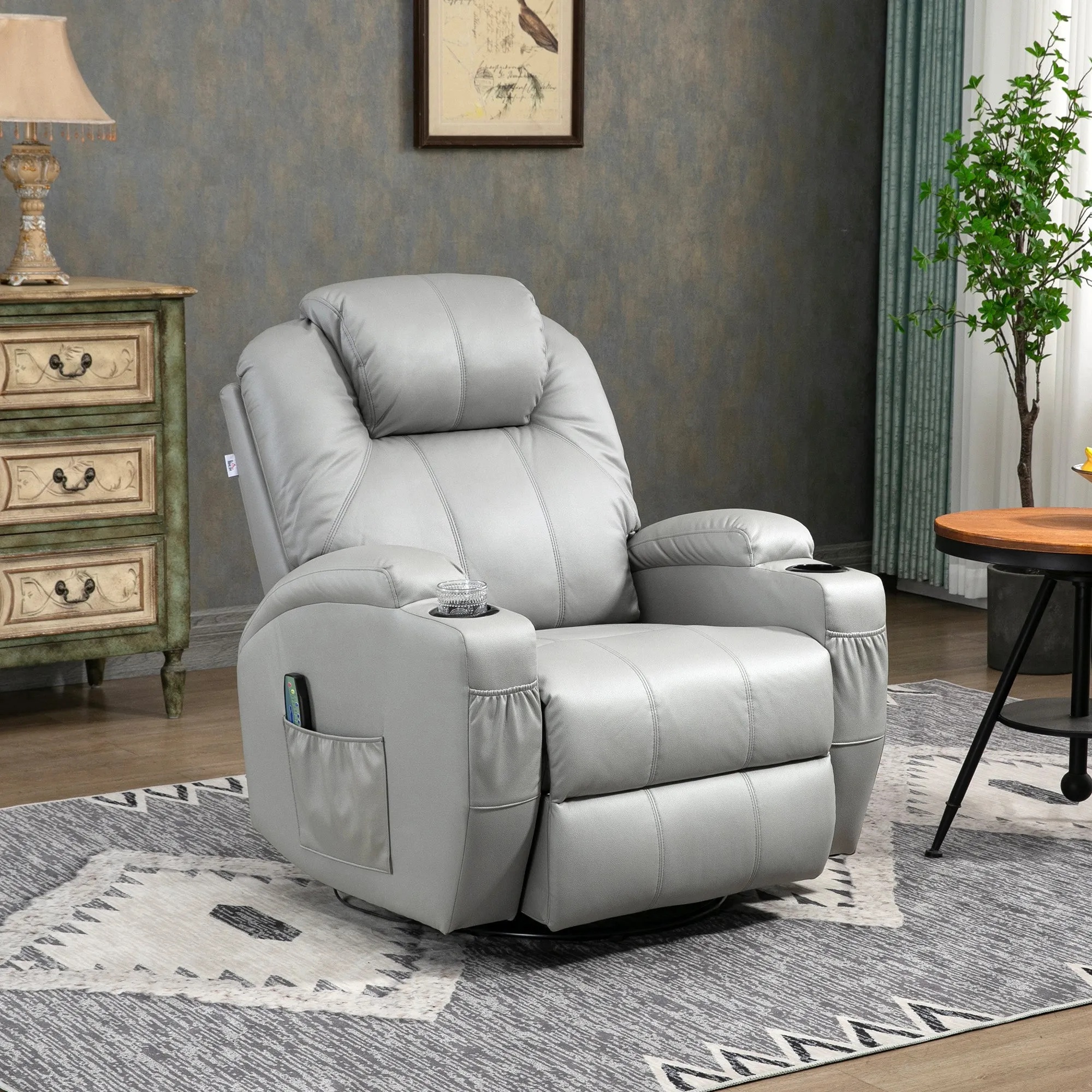 Massage Recliner Chair with Footrest and Remote Control, PU Leather, 89x99x106 cm, Grey - Image 2