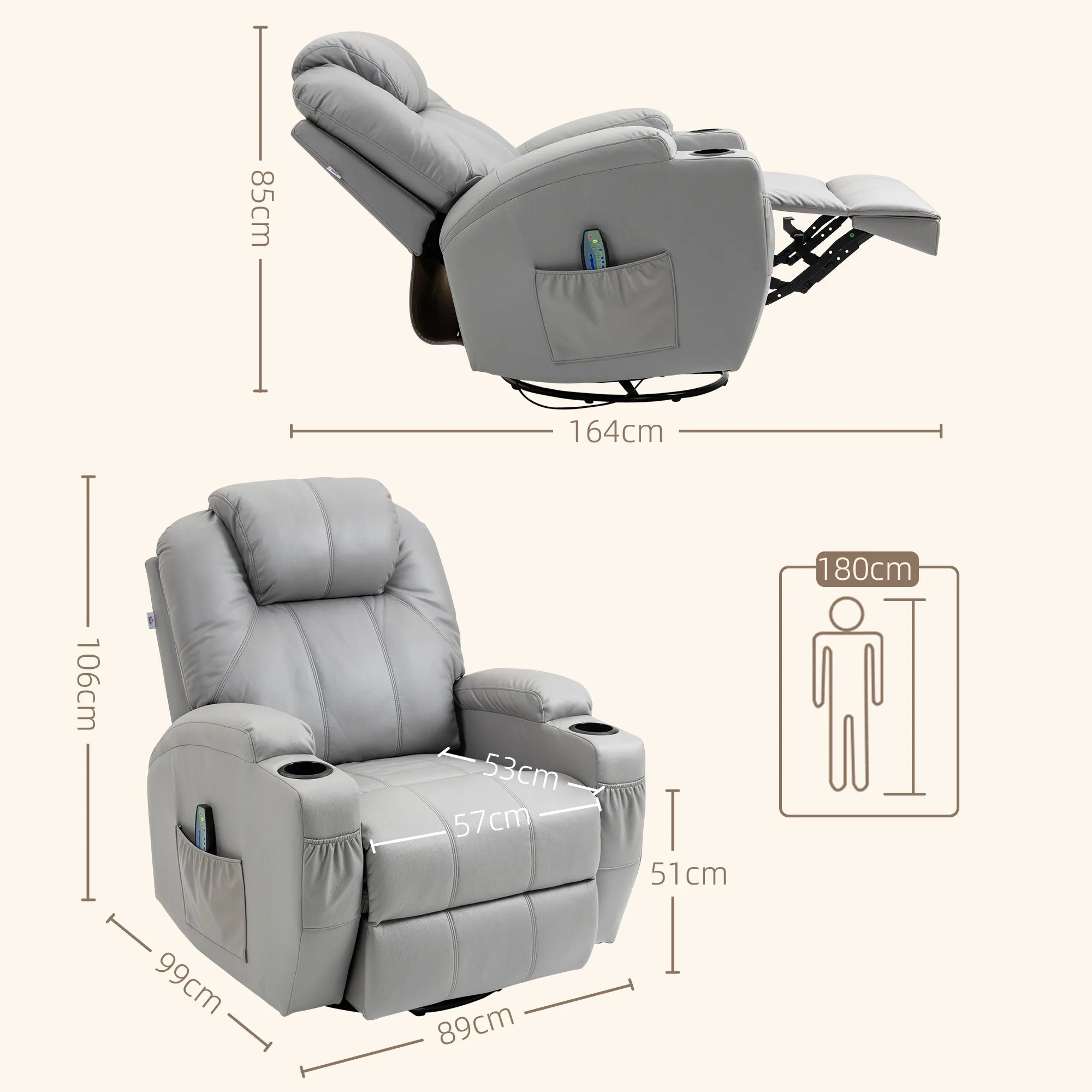 Massage Recliner Chair with Footrest and Remote Control, PU Leather, 89x99x106 cm, Grey - Image 3
