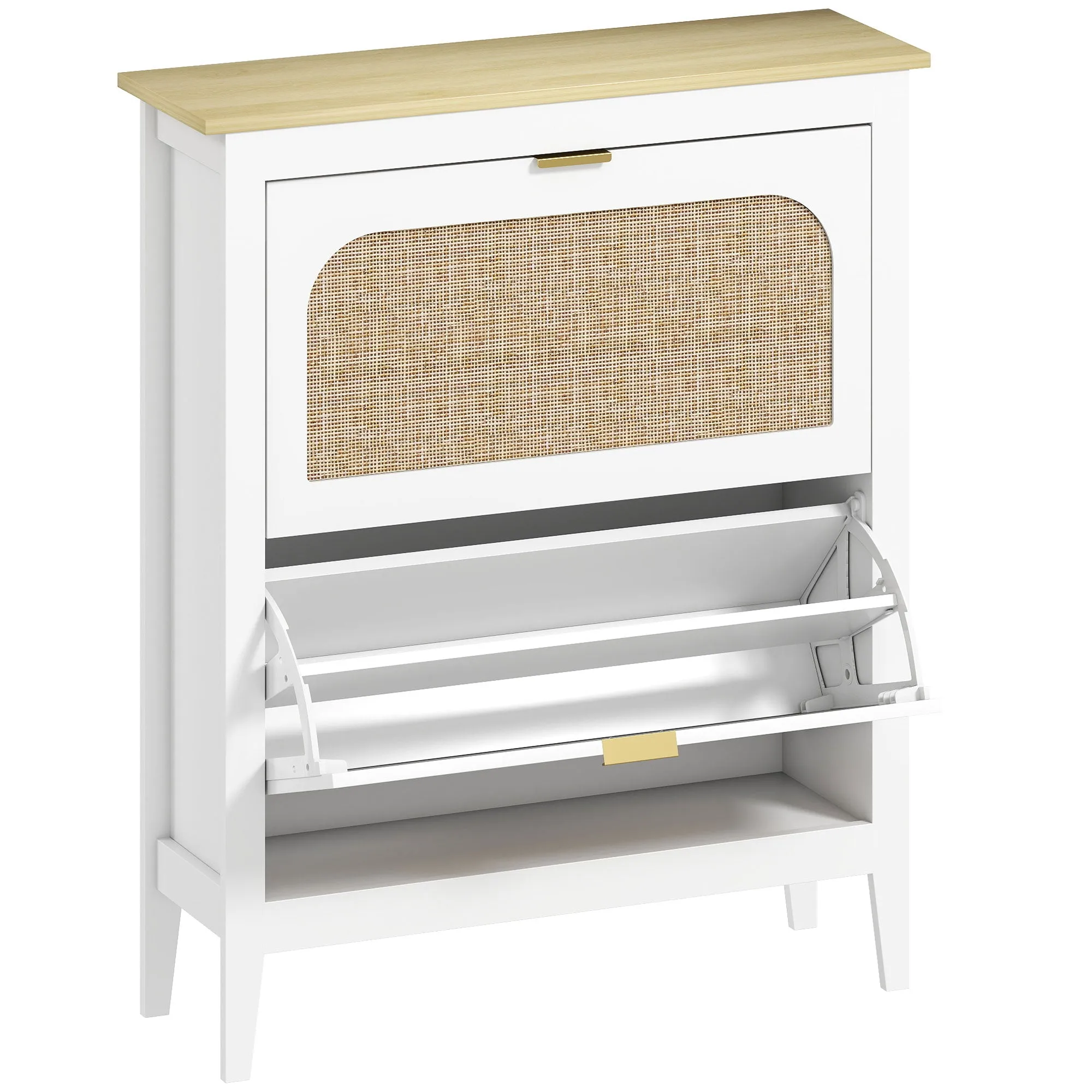 Slim Boho Style Shoe Rack with 2 Folding Drawers for 14 Pairs of Shoes, 80x24x95.5 cm, White
