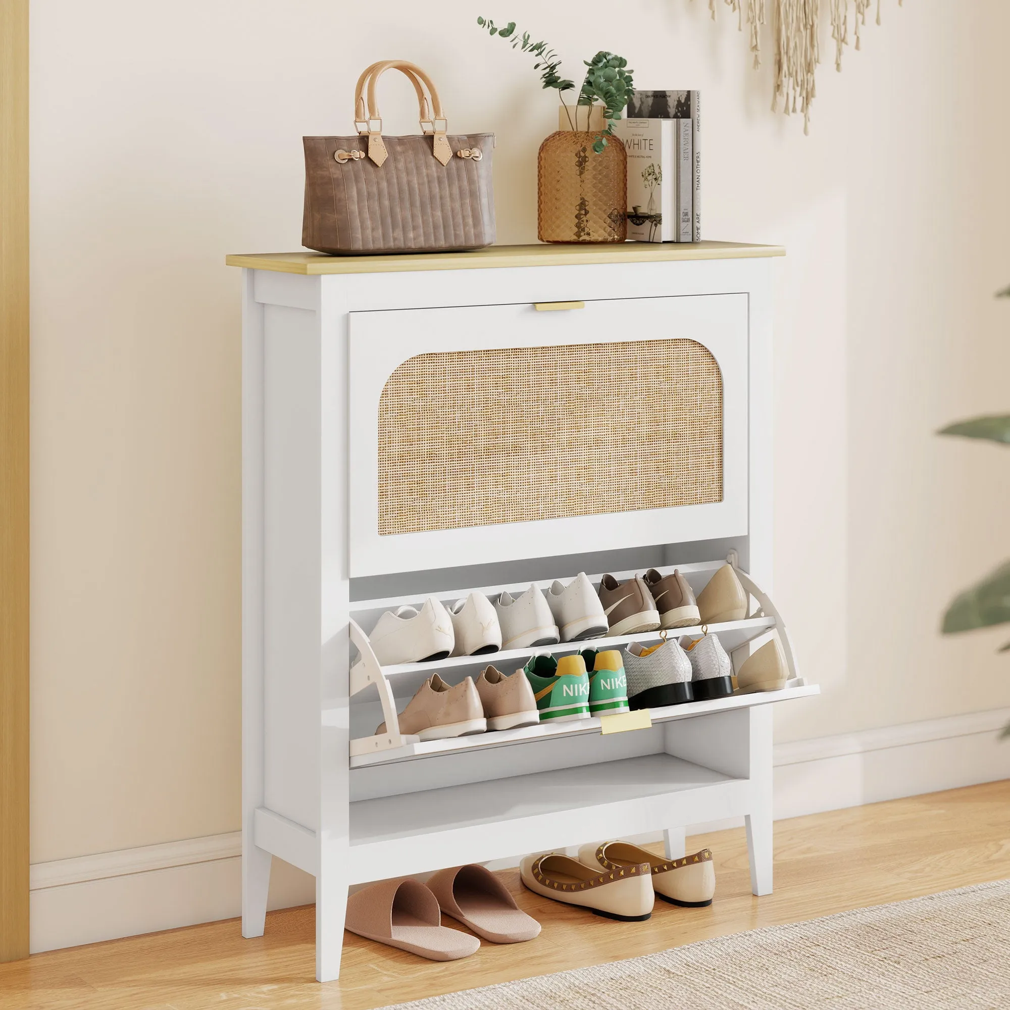 Slim Boho Style Shoe Rack with 2 Folding Drawers for 14 Pairs of Shoes, 80x24x95.5 cm, White - Image 2
