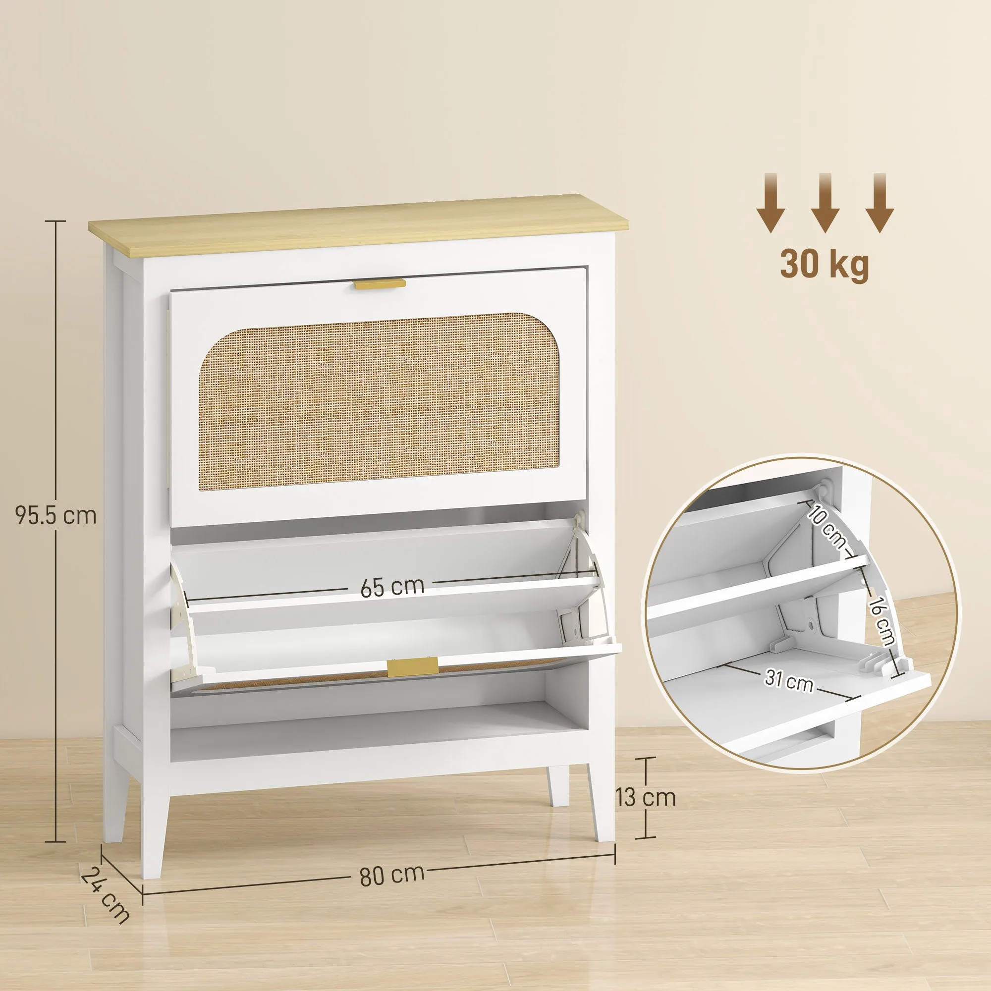 Slim Boho Style Shoe Rack with 2 Folding Drawers for 14 Pairs of Shoes, 80x24x95.5 cm, White - Image 3
