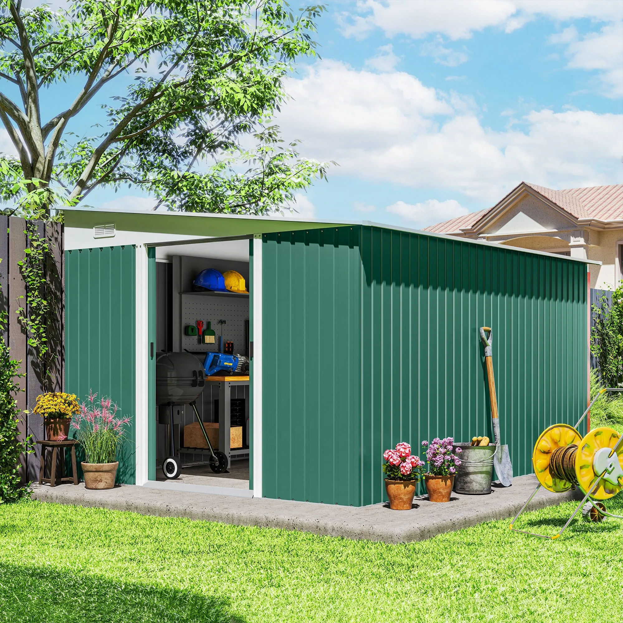 Garden Shed with Sliding Door, Steel, 345x280.5x169-201cm, Green - Image 2