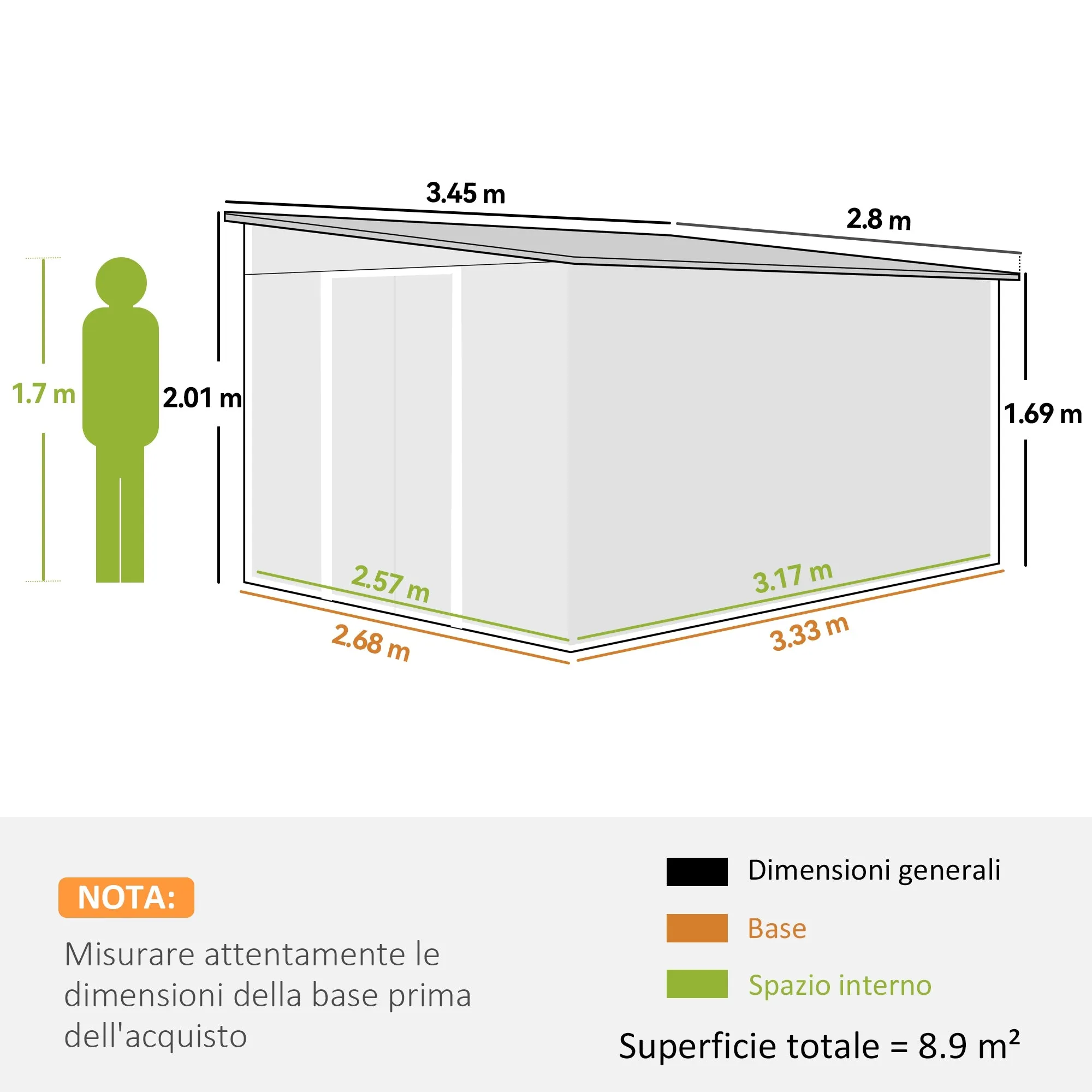 Garden Shed with Sliding Door, Steel, 345x280.5x169-201cm, Green - Image 3