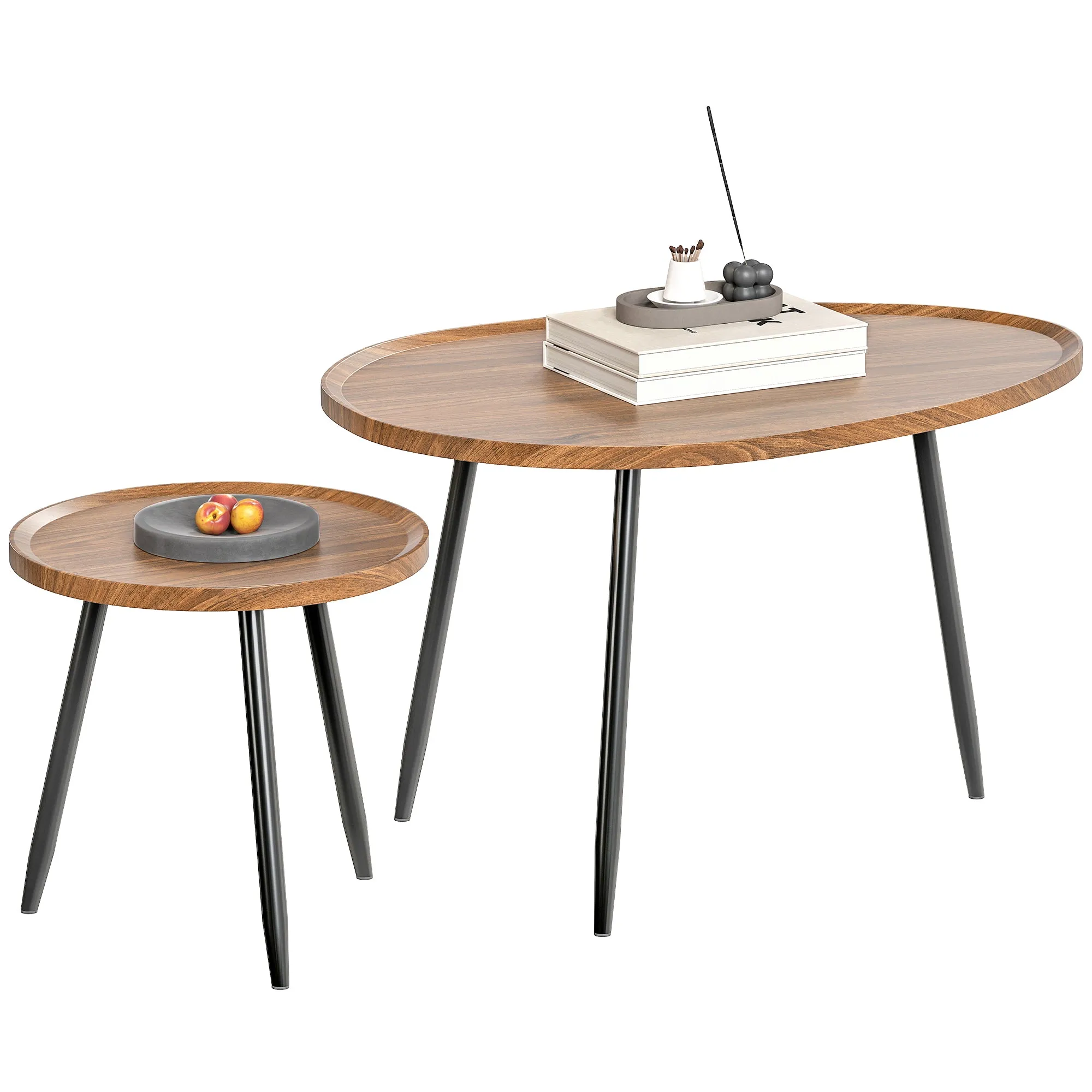 Set of 2 Nesting Coffee Tables in Wood and Metal, Dark Wood Color
