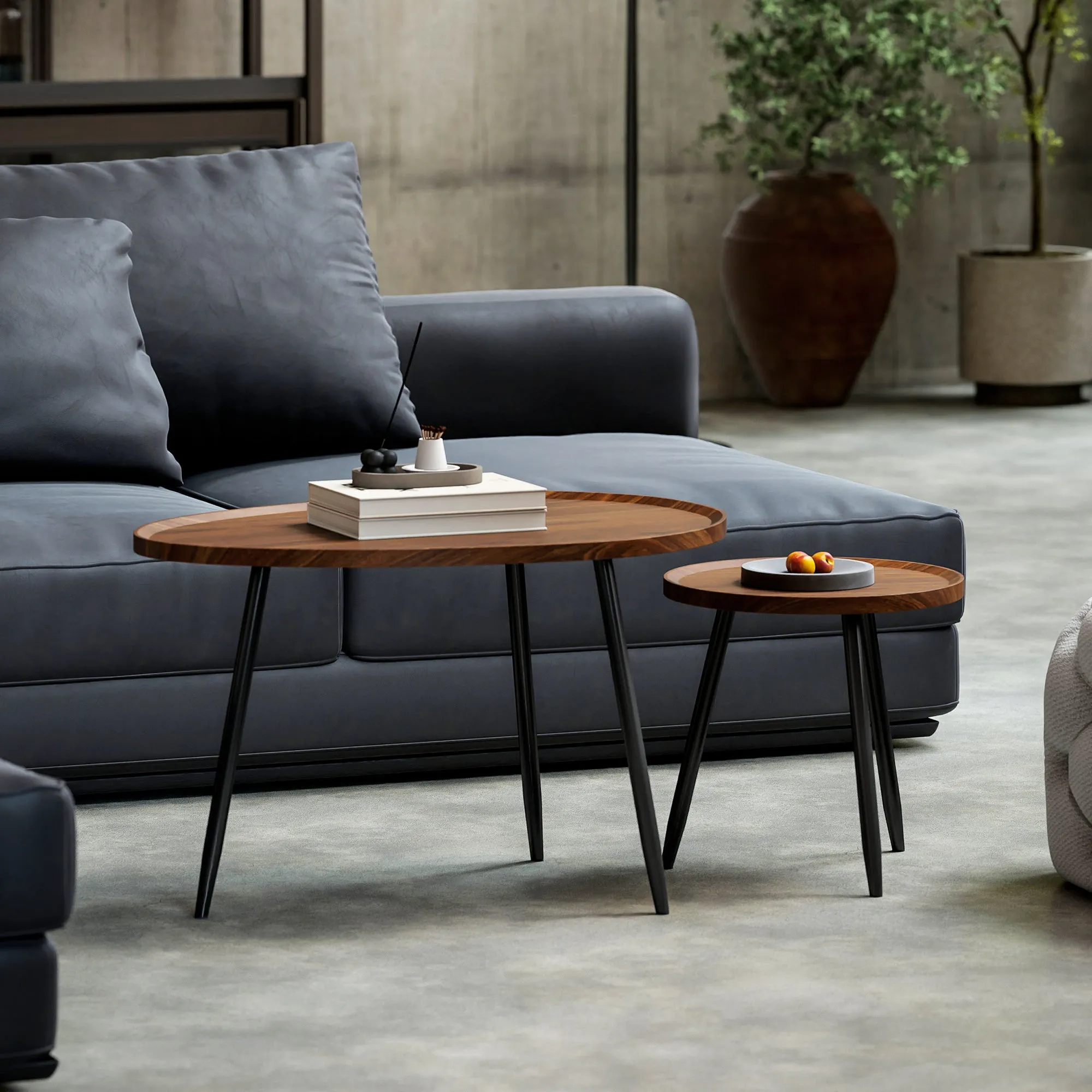 Set of 2 Nesting Coffee Tables in Wood and Metal, Dark Wood Color - Image 2
