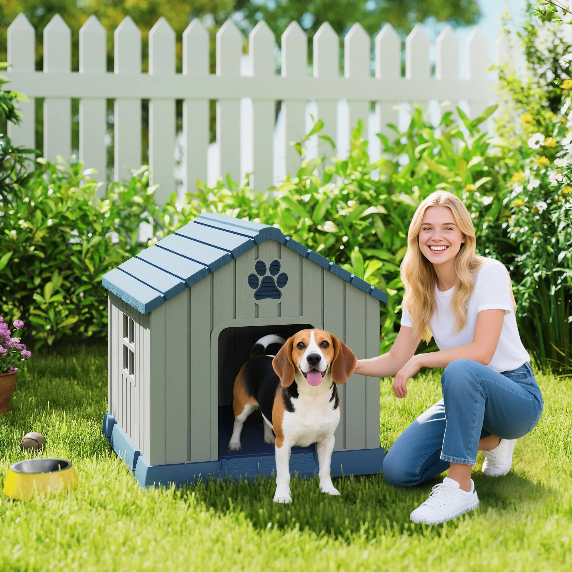 Waterproof Outdoor Dog House for Medium Dogs with Raised Base and Windows, 85x79x82 cm, Grey - Image 2