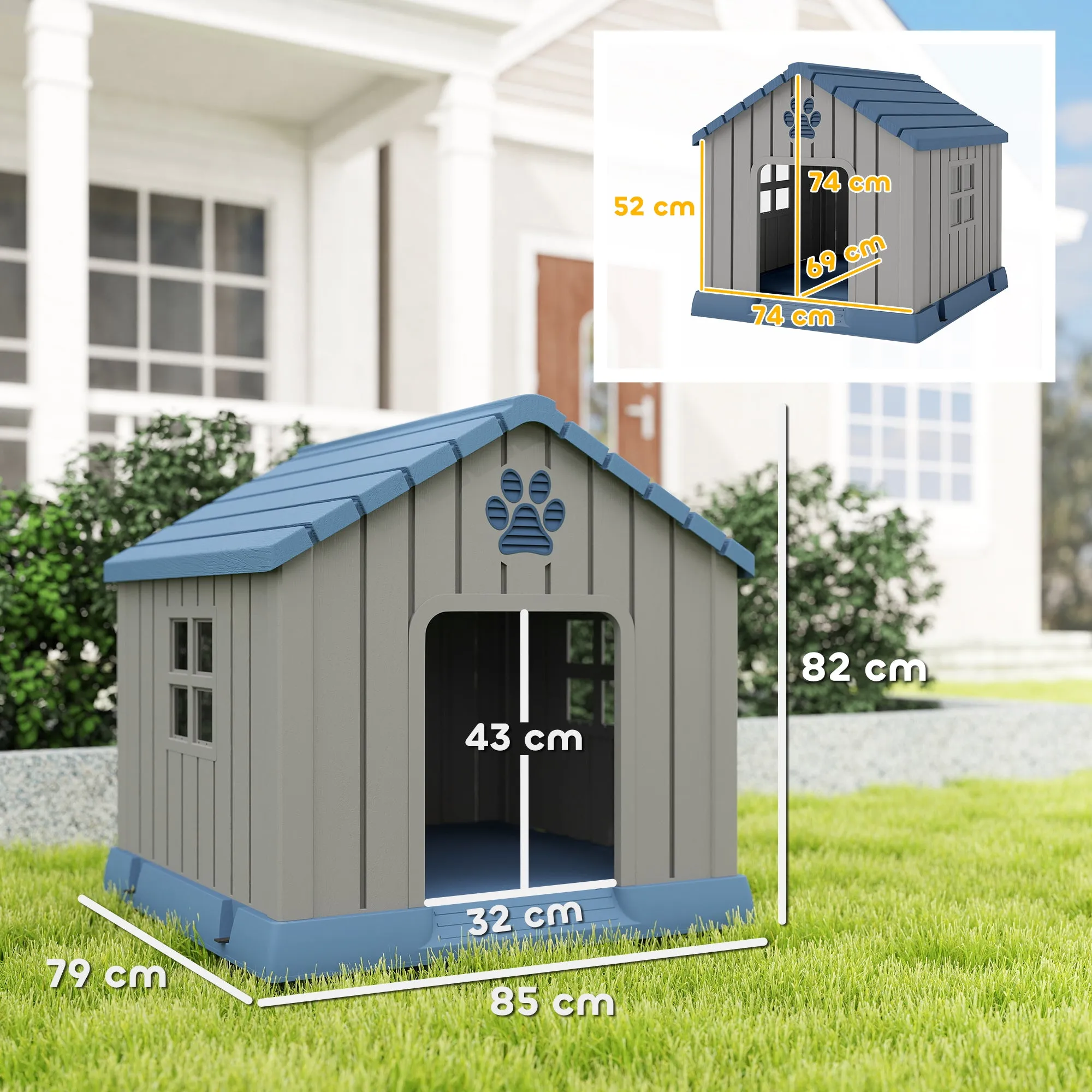 Waterproof Outdoor Dog House for Medium Dogs with Raised Base and Windows, 85x79x82 cm, Grey - Image 3