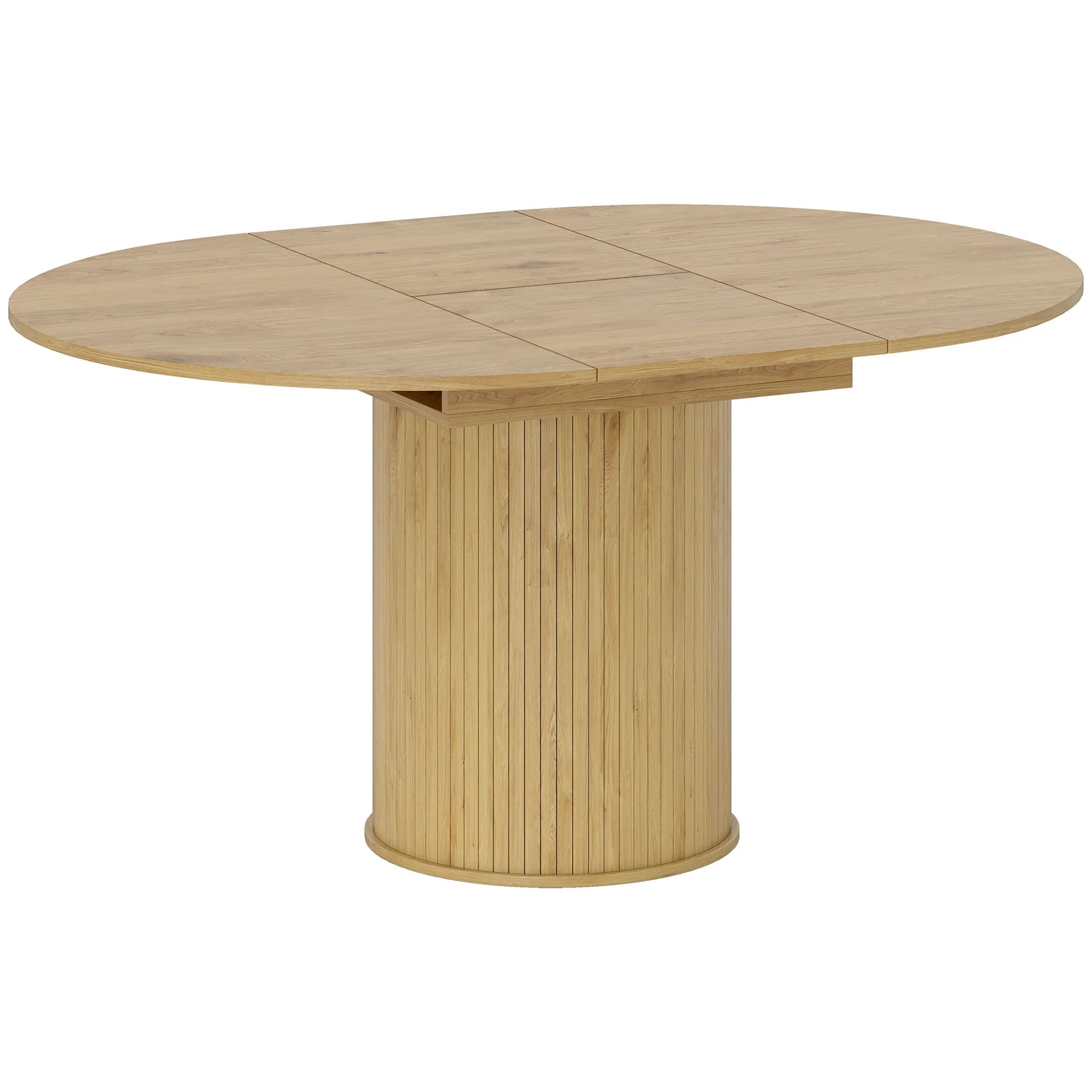 Expandable Round to Oval Pedestal Table for 6-8 People, Wood and Steel, Wood Color