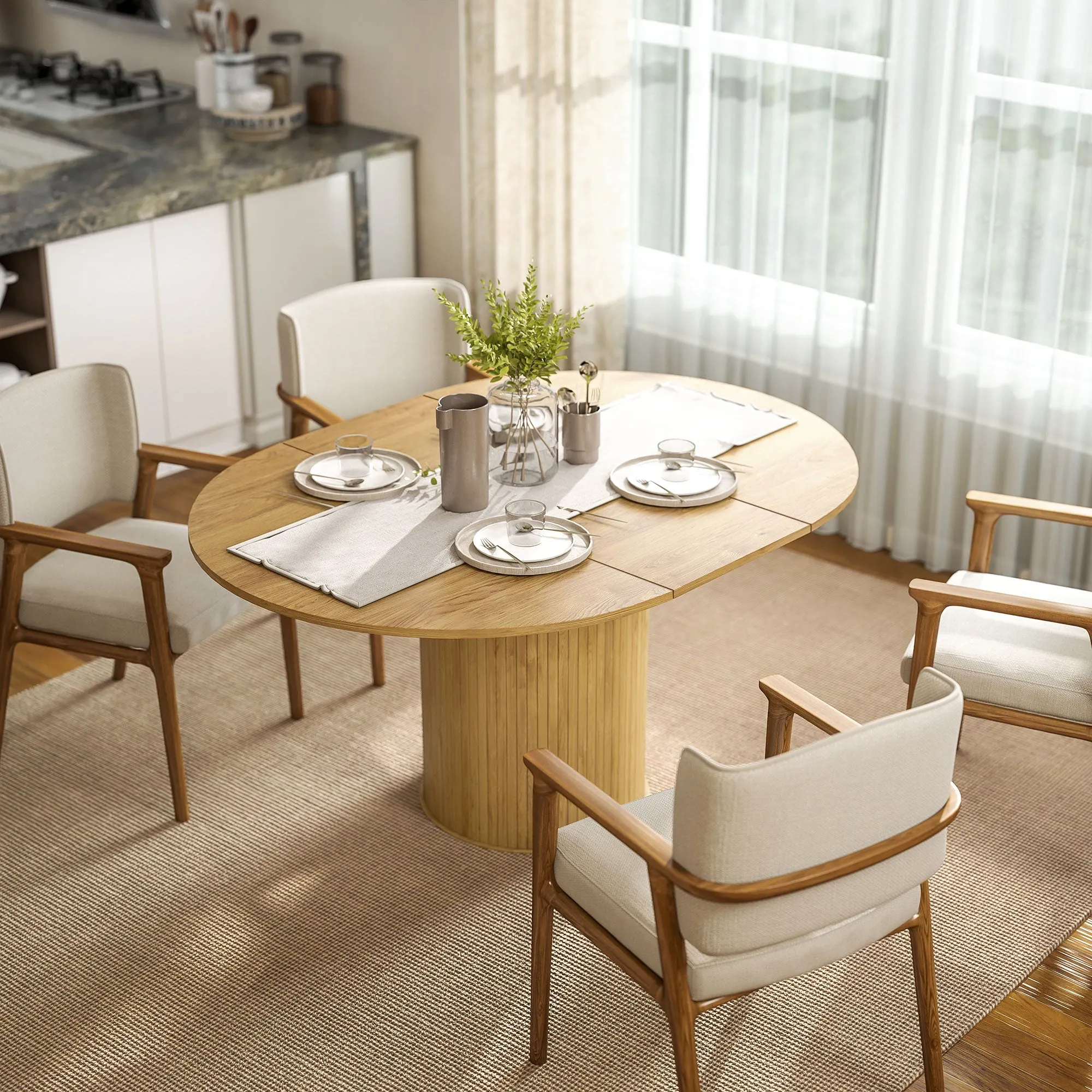 Expandable Round to Oval Pedestal Table for 6-8 People, Wood and Steel, Wood Color - Image 2