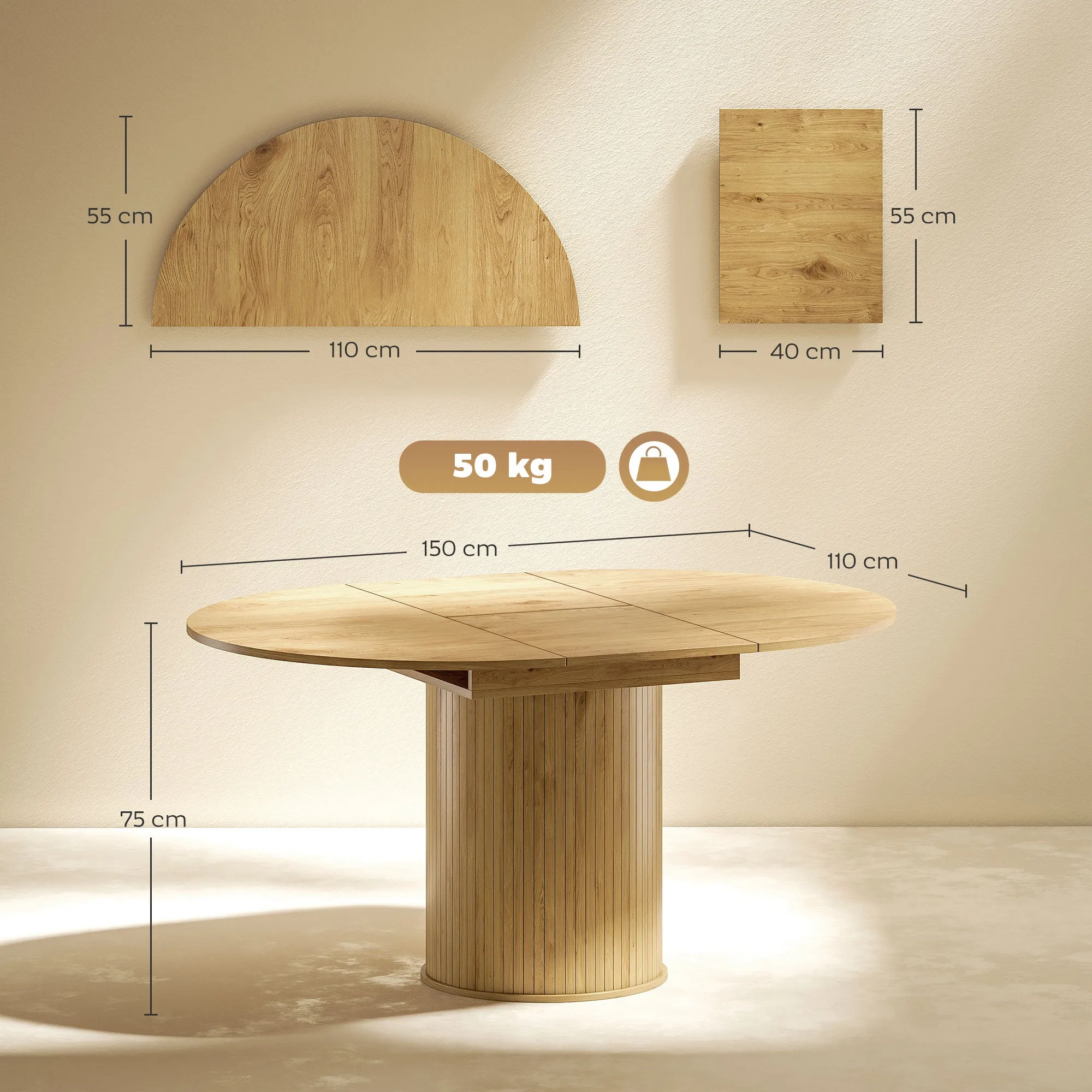 Expandable Round to Oval Pedestal Table for 6-8 People, Wood and Steel, Wood Color - Image 3