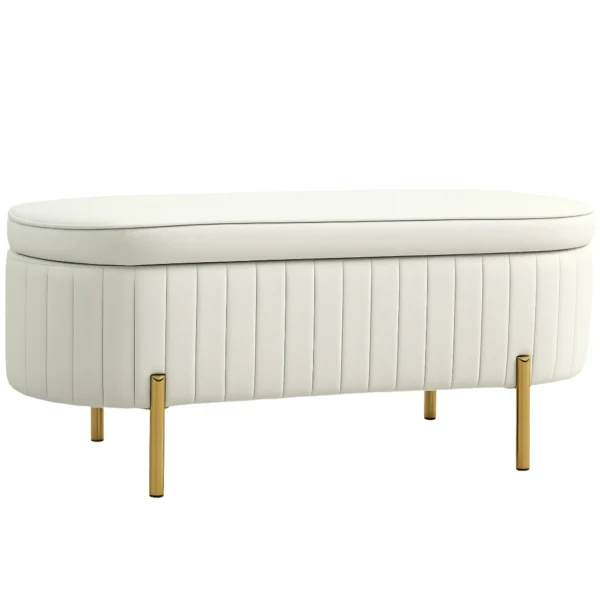 72L Oval Storage Bench with Lift-Top Lid, Velvet Fabric and Wood, 108x44x43.5 cm, Cream