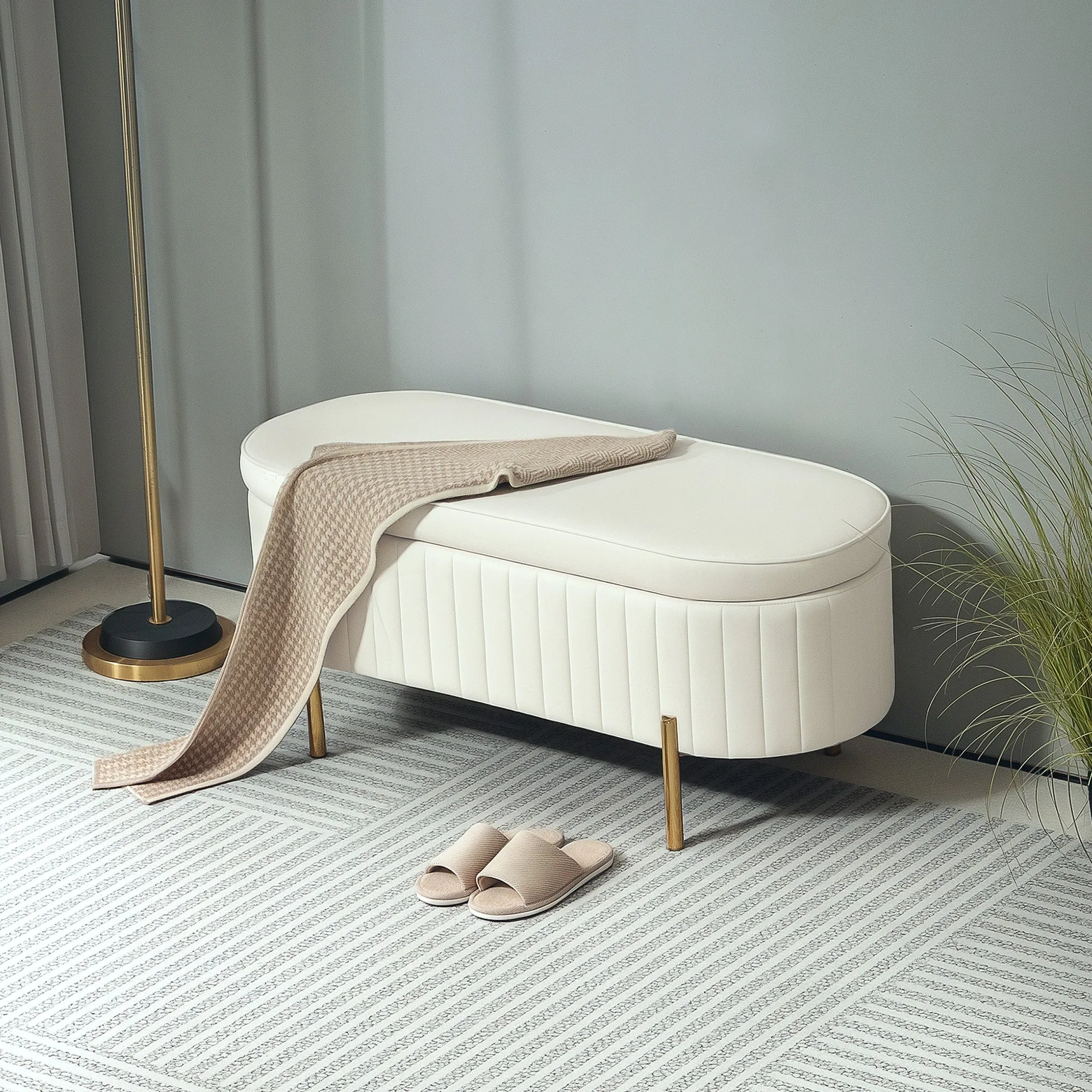 72L Oval Storage Bench with Lift-Top Lid, Velvet Fabric and Wood, 108x44x43.5 cm, Cream - Image 2