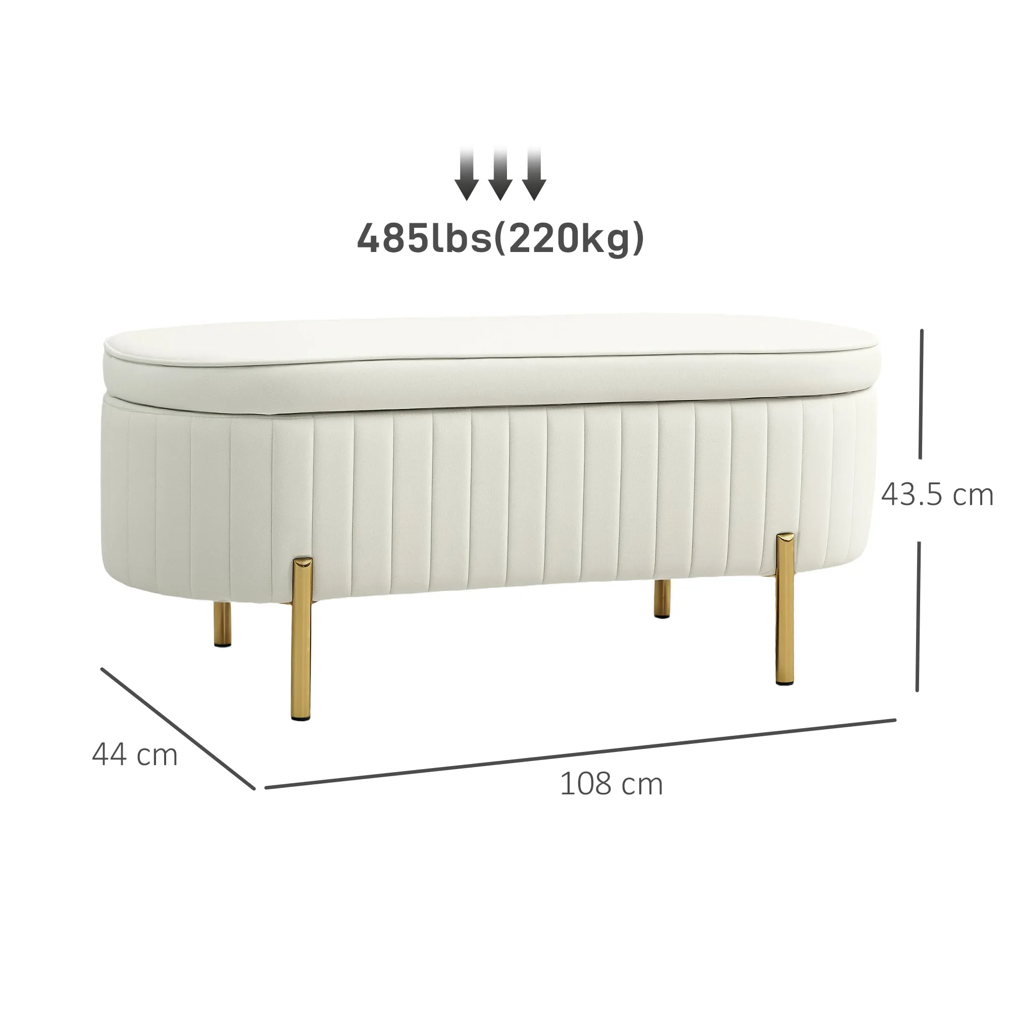 72L Oval Storage Bench with Lift-Top Lid, Velvet Fabric and Wood, 108x44x43.5 cm, Cream - Image 3