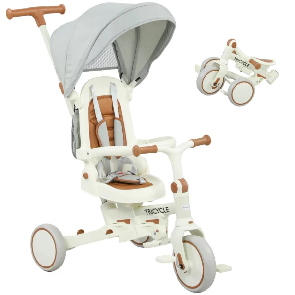 5-in-1 Children's Tricycle with Push Handle and Removable Cover, 96.5x49x101 cm, Cream White