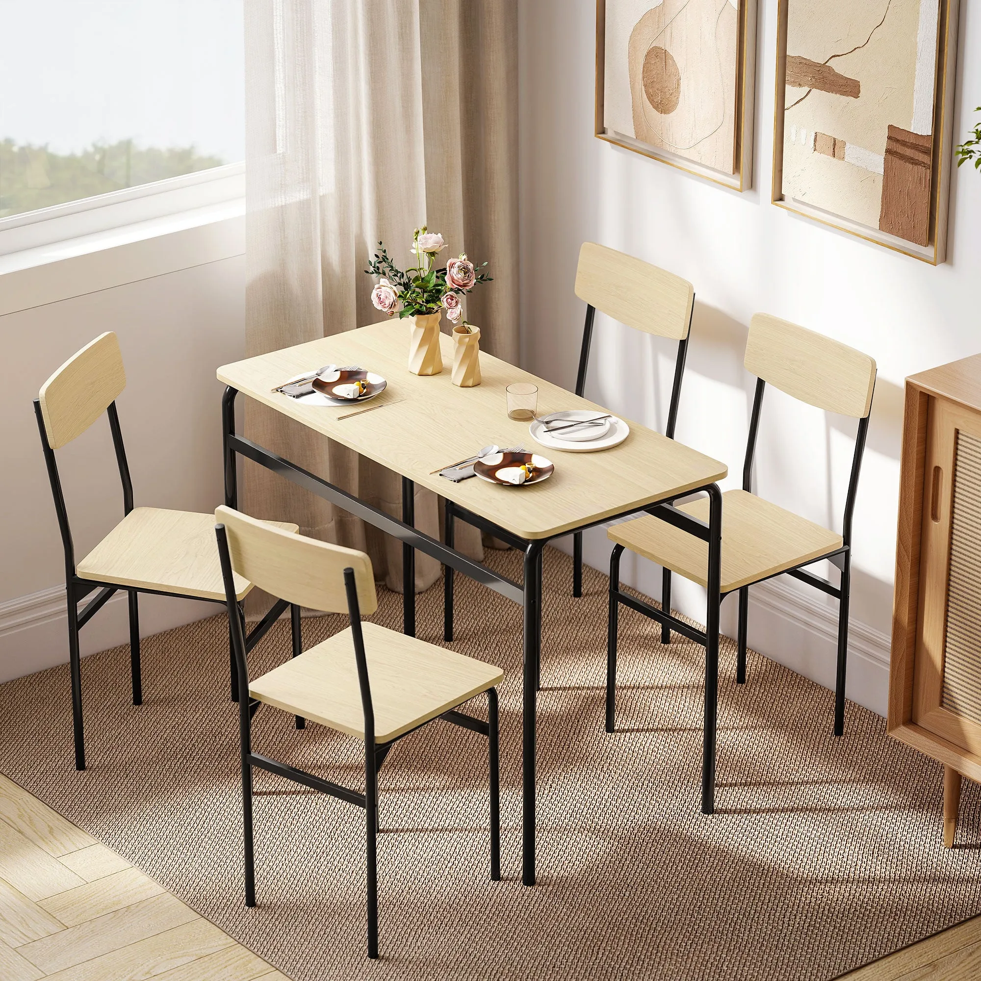 5-Piece Dining Set with Rectangular Table and 4 Dining Chairs, Wood and Metal, Black and Wood Color - Image 2