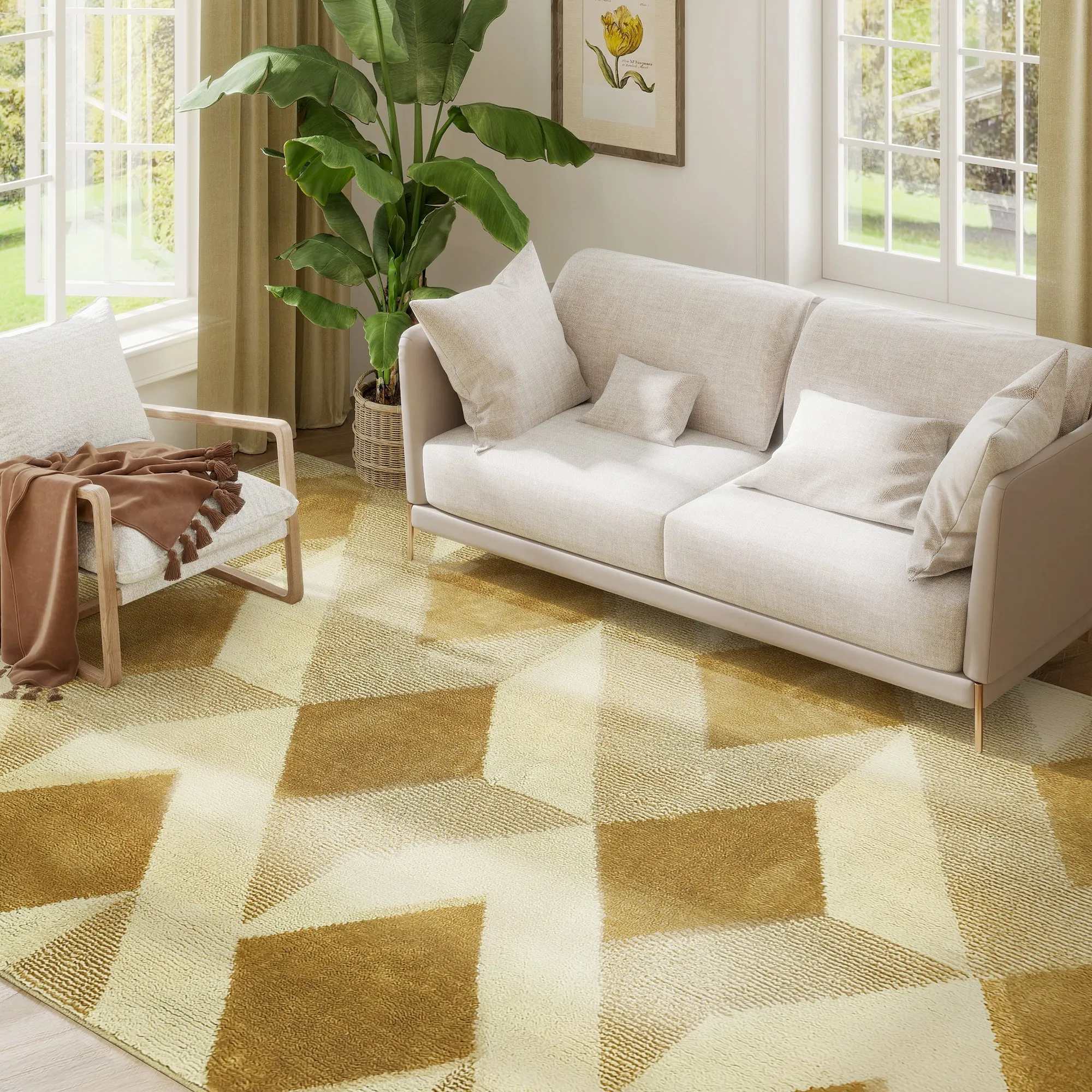 Modern Living Room Rug, Hypoallergenic and Washable with 3D Effect, 230x160 cm, Yellow - Image 2