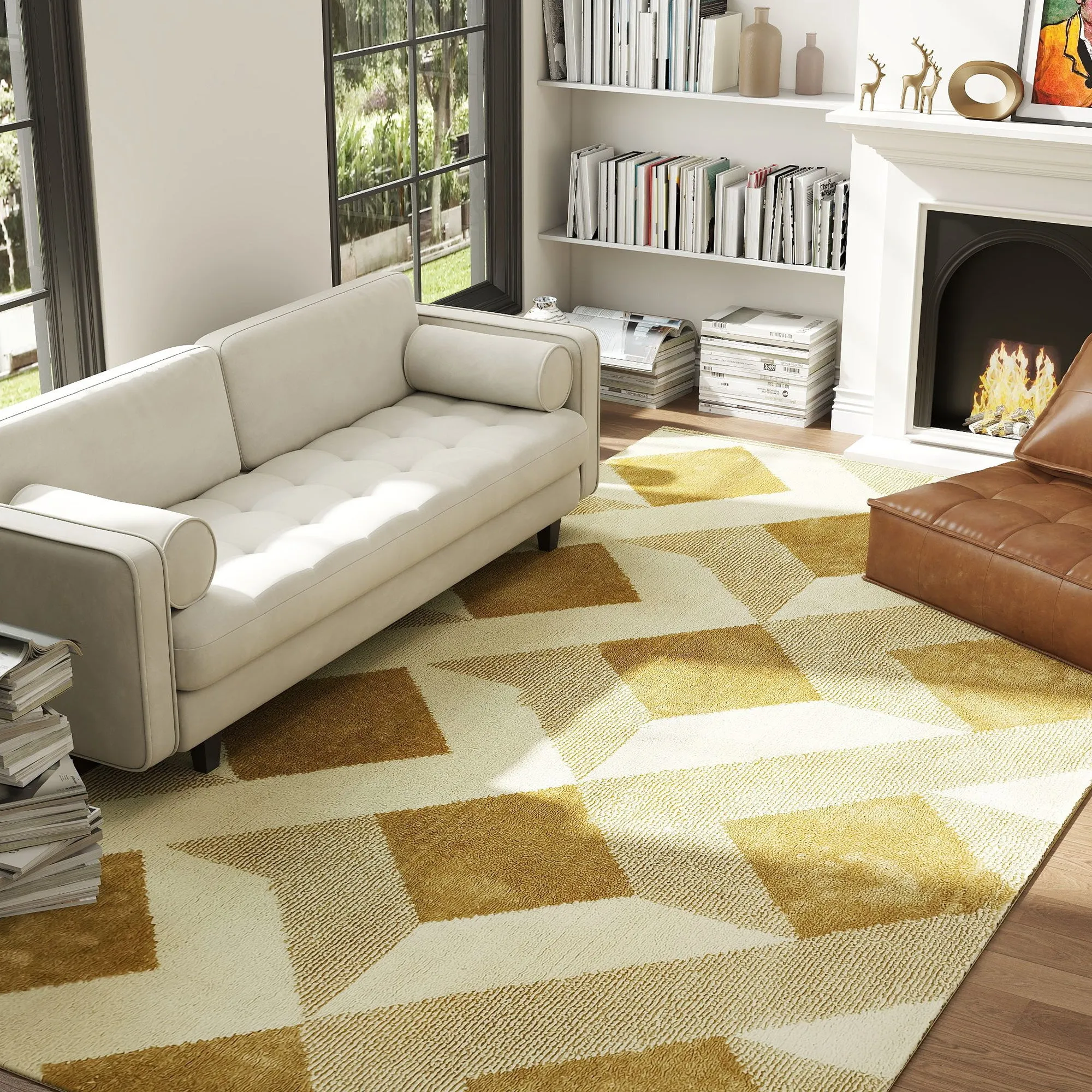 Modern Living Room Rug, Hypoallergenic and Washable with 3D Effect, 230x160 cm, Yellow - Image 3