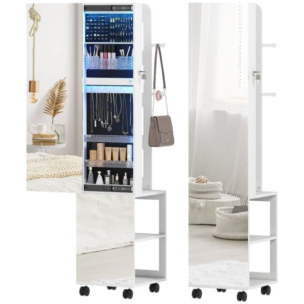 Jewelry Armoire with 360° Swivel Mirror, Adjustable LED Light, Lock and Shelves, 37x40x165.5 cm, Black