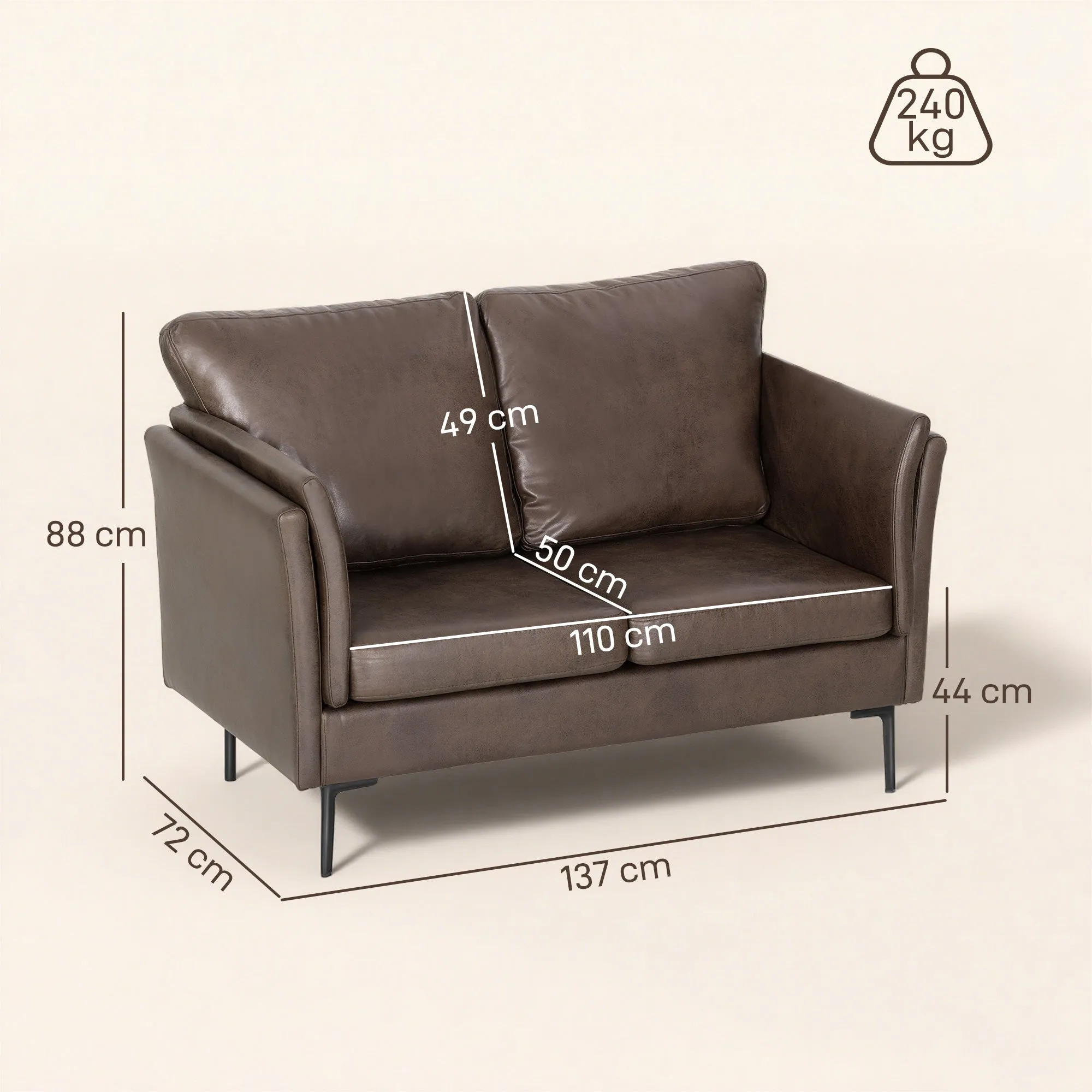2-Seater Breathable Leather Sofa with Thick Padding and Metal Legs, 137x72x88 cm, Dark Brown - Image 3