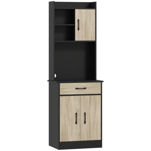 Wooden Pantry Cabinet with Drawer, 2 Open Shelves and Cabinets, 60x40x180 cm, Black and Wood Color