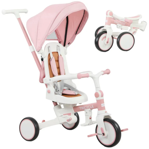 5-in-1 Children's Tricycle with Push Handle and Removable Cover, 96.5x49x101 cm, Pink