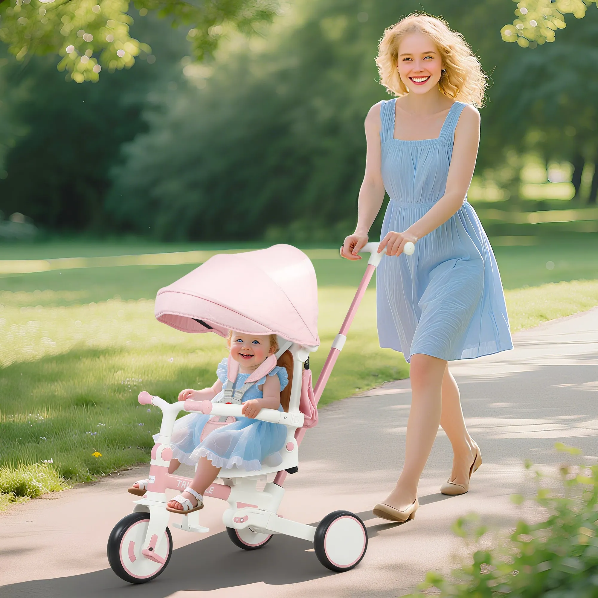 5-in-1 Children's Tricycle with Push Handle and Removable Cover, 96.5x49x101 cm, Pink - Image 2