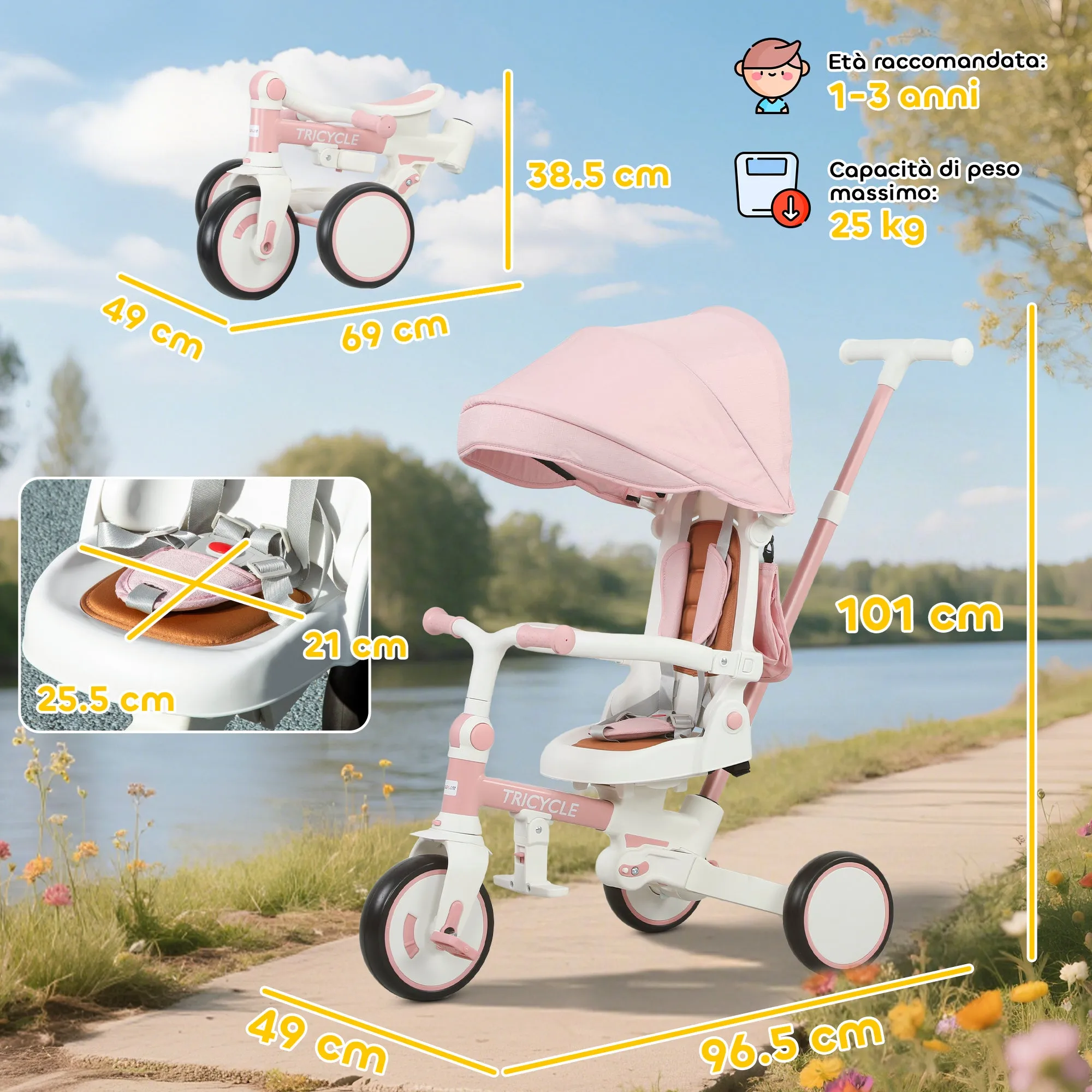 5-in-1 Children's Tricycle with Push Handle and Removable Cover, 96.5x49x101 cm, Pink - Image 3